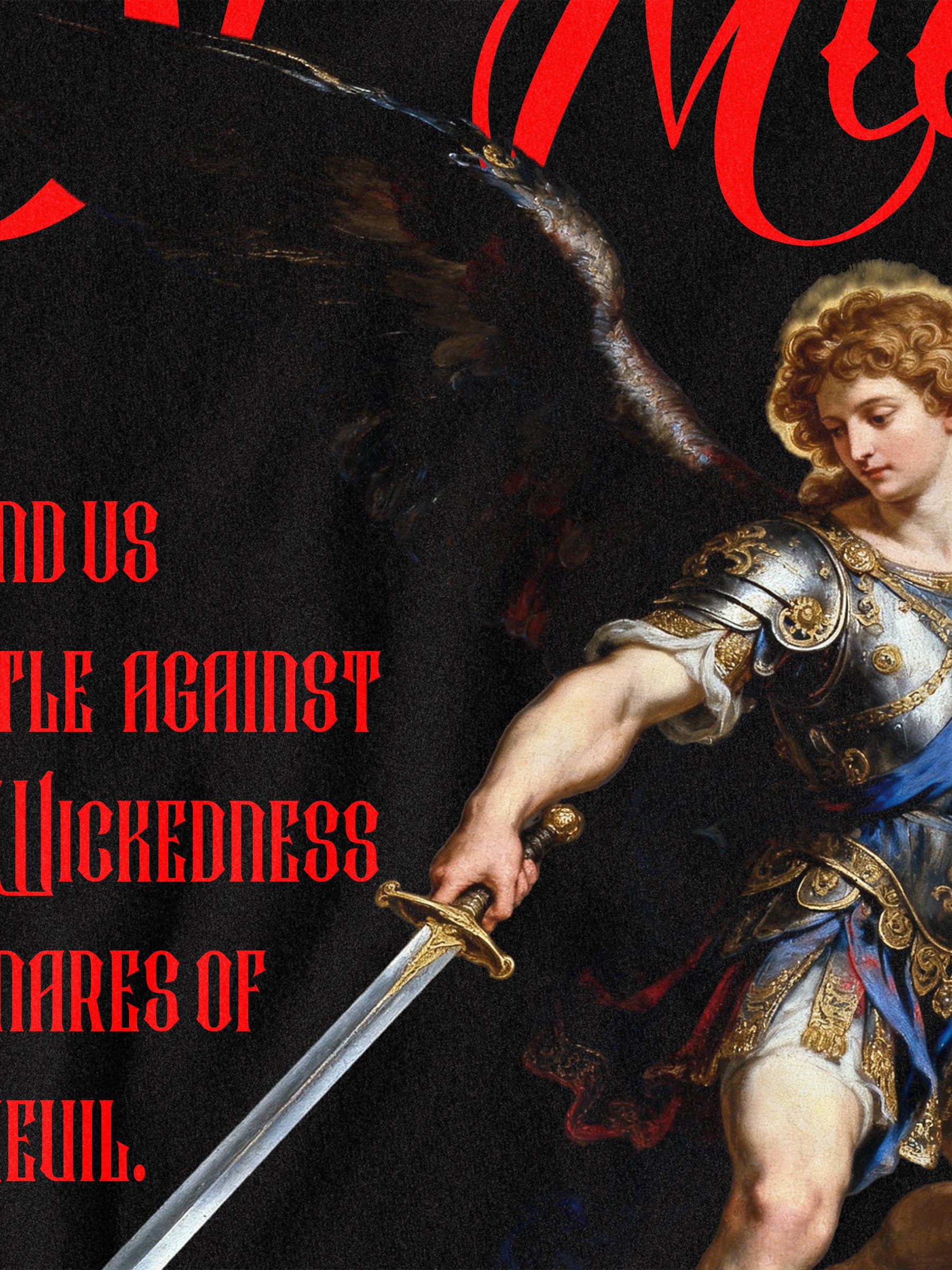 St. Michael Shirt Text Detail — Men's Graphic Tee for Guys with Archangel Warrior Print and Inspirational Quote by Warface Athletics