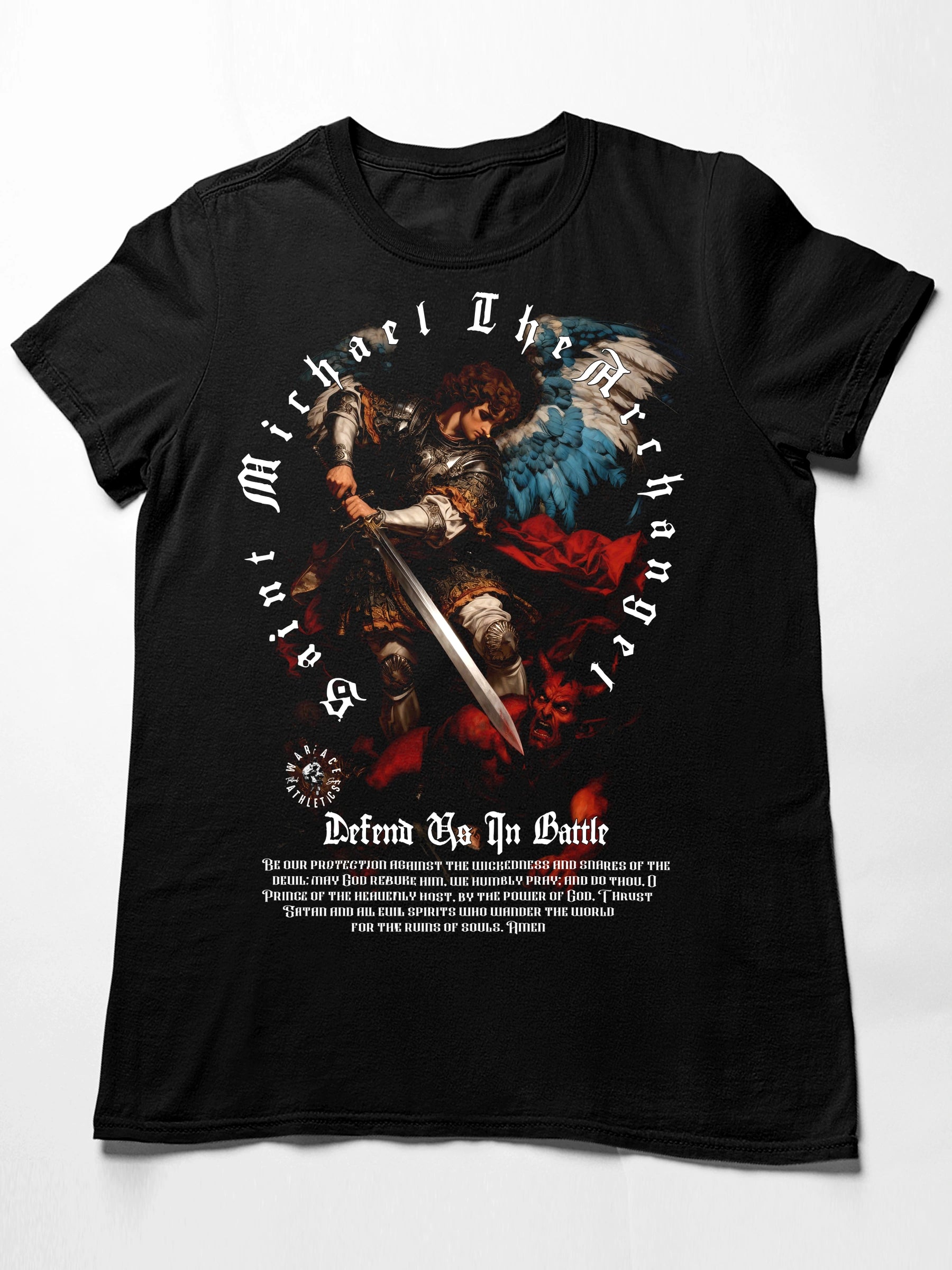 Saint Michael Defend Us in Battle Tee Front View — Men's St. Michael Shirt by Warface Athletics