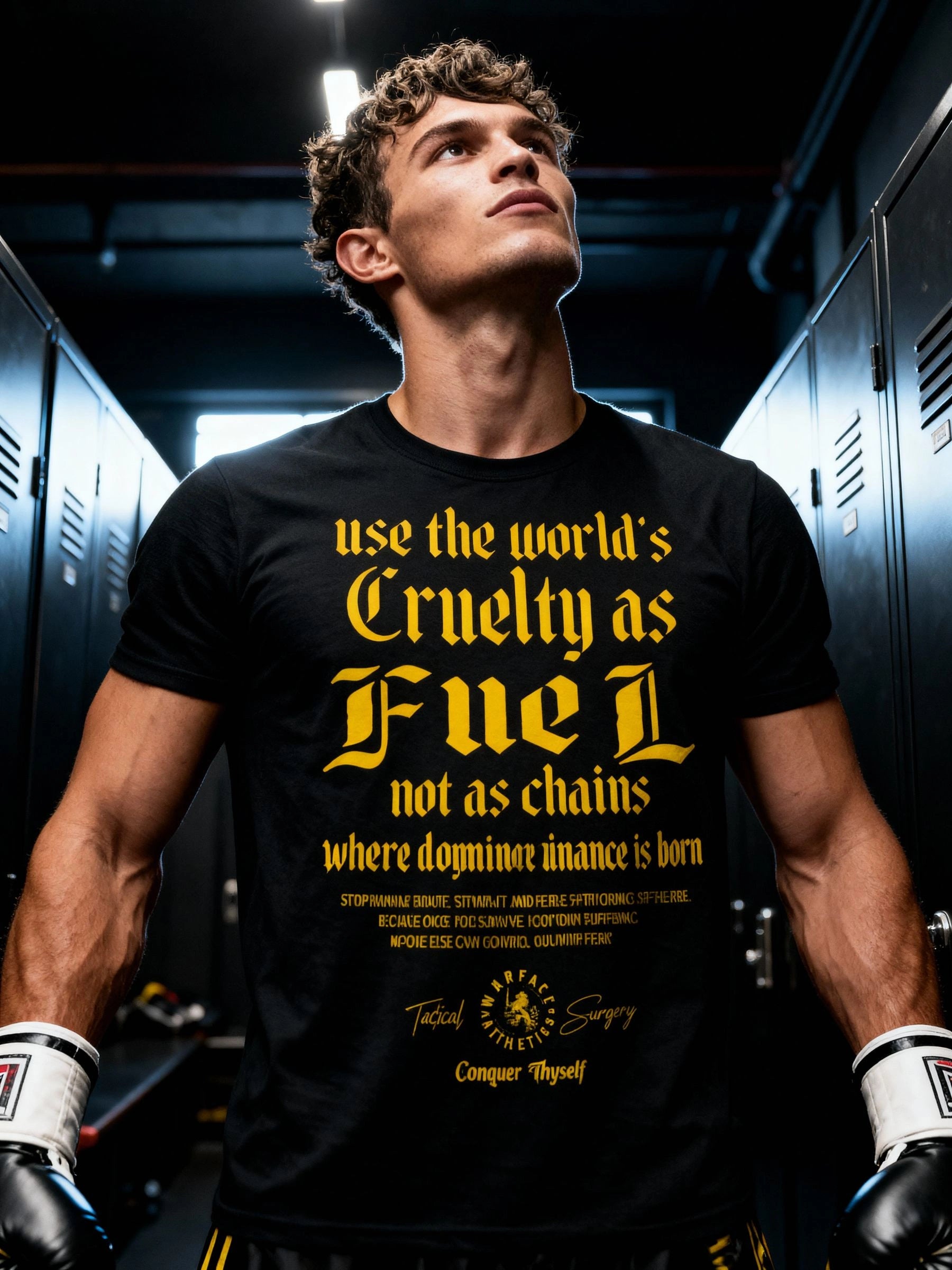 Cruelty as Fuel Tee Lifestyle — Men's Black Stoic Quote Gym Shirt with Motivational Print by Warface Athletics