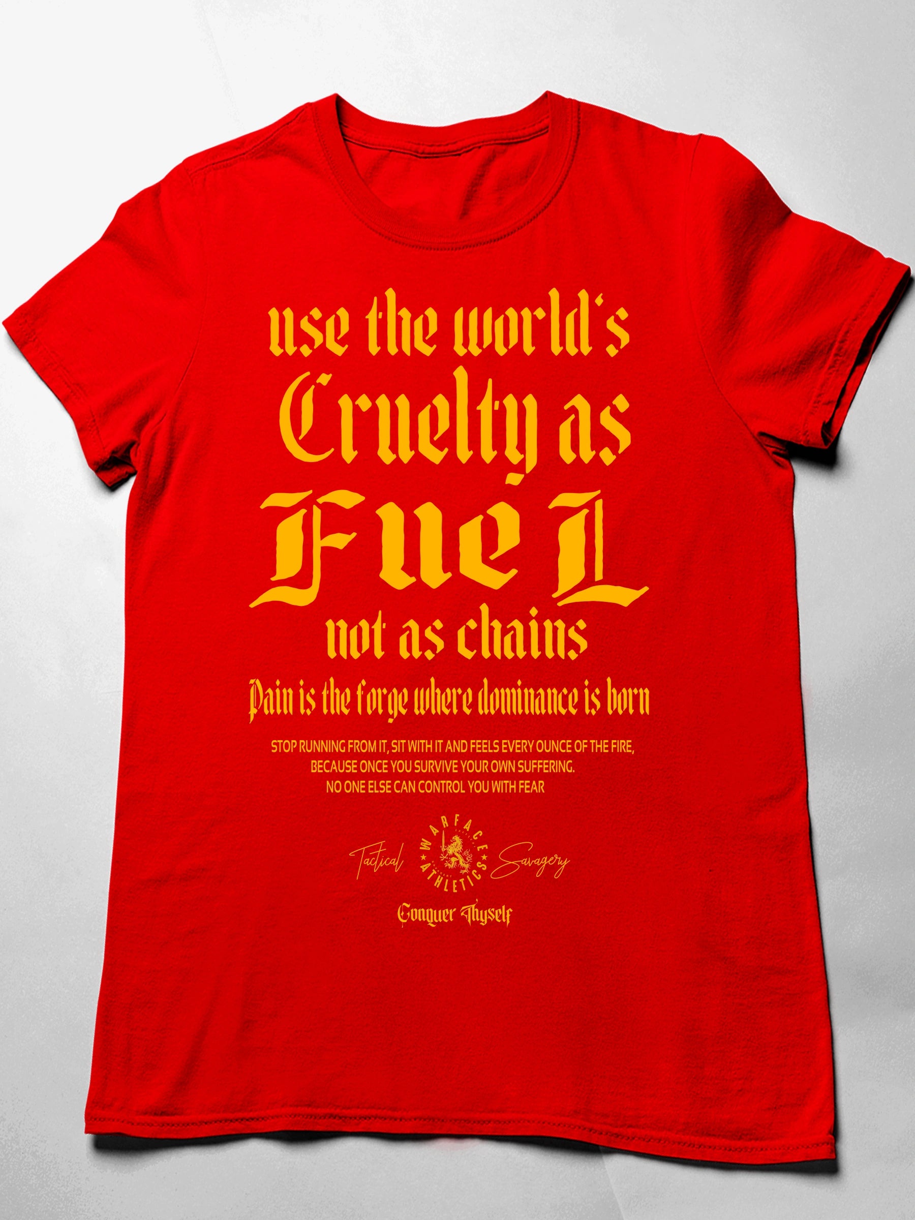 Cruelty as Fuel Tee Flat Lay Red — Men's Stoic T-Shirt with Graphics and Gothic Quote by Warface Athletics