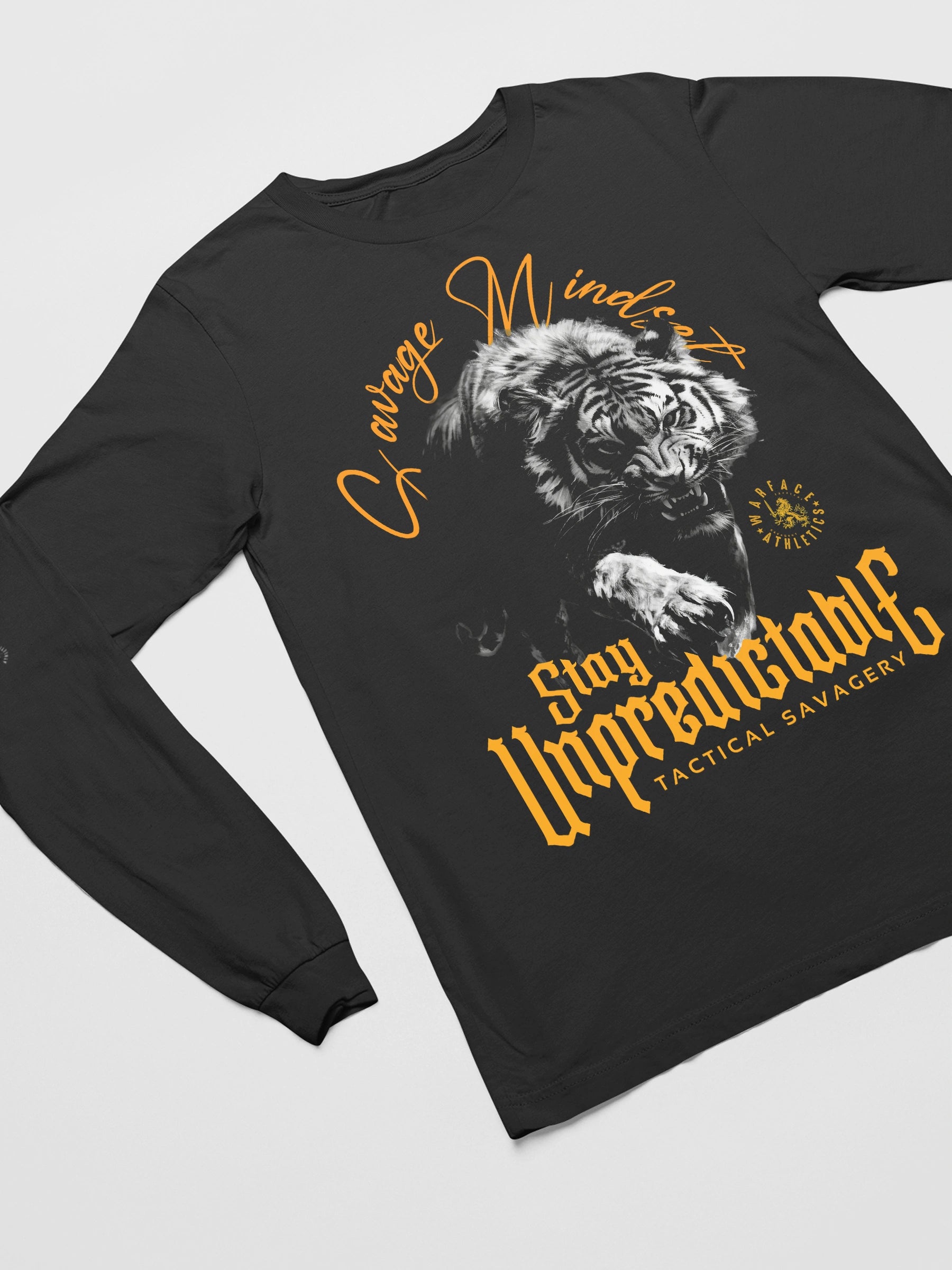 Stay Unpredictable Long Sleeve Flat Lay Front — Men's Tiger Warrior Shirt with Stoic Quote by Warface Athletics