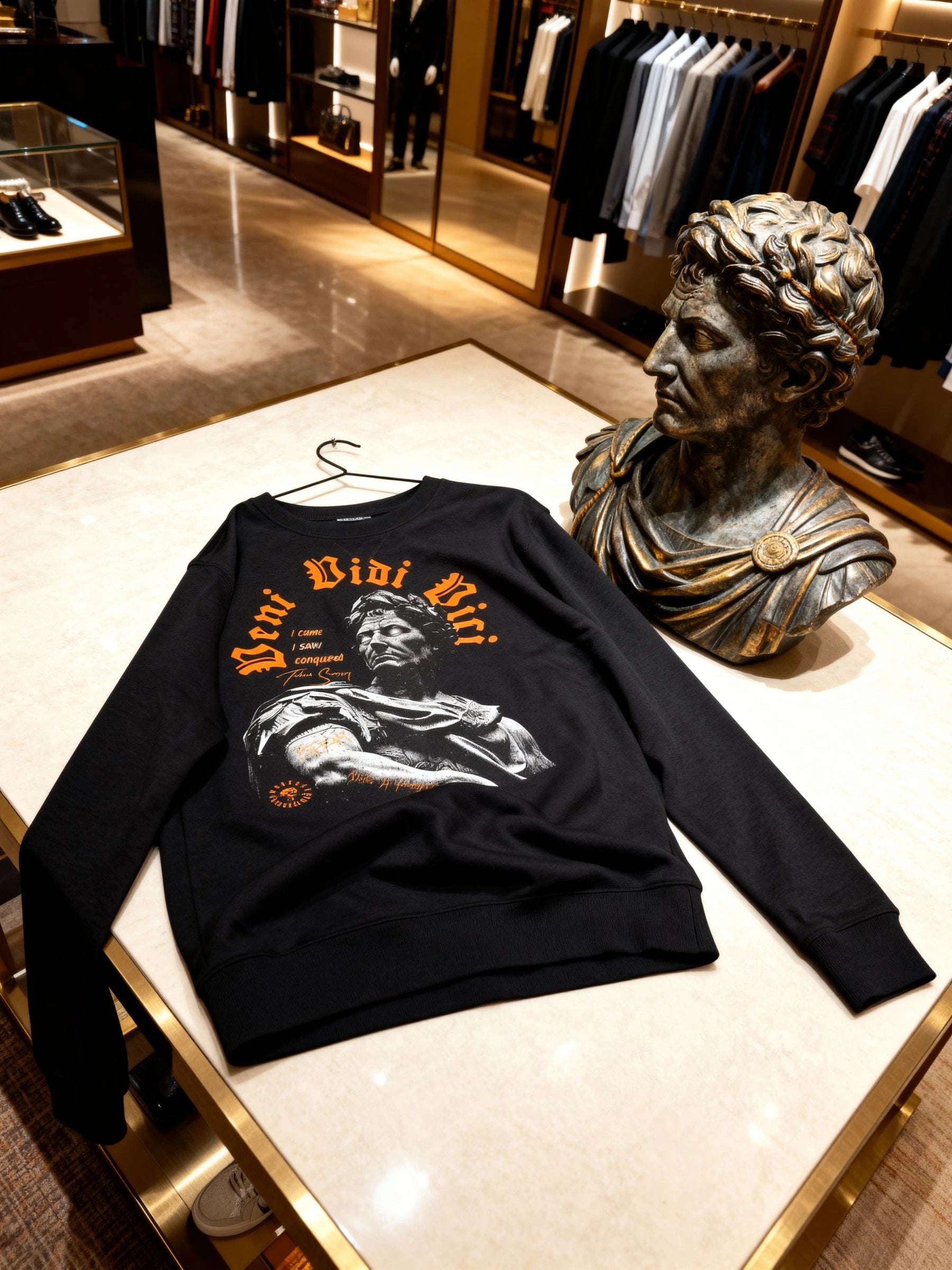 Veni Vidi Vici sweatshirt flat lay with Julius Caesar statue – men's roman emperor pump cover crewneck. Warface Athletics.setting