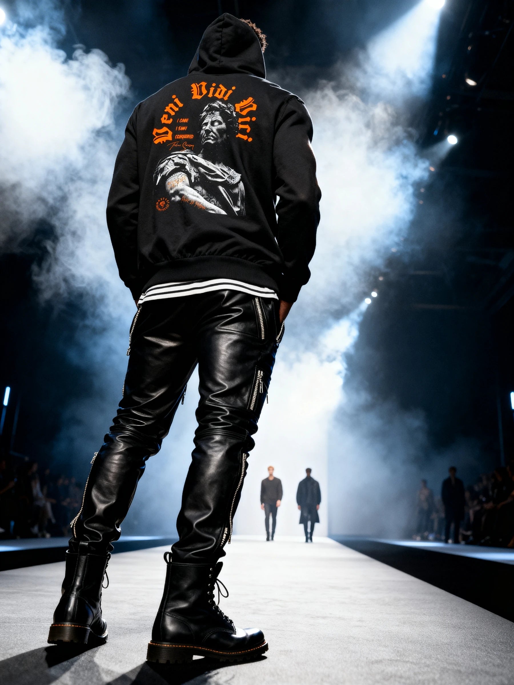 Men's Veni Vidi Vici gym hoodie back – Julius Caesar roman emperor graphic, smoky runway lifestyle. Warface Athletics.