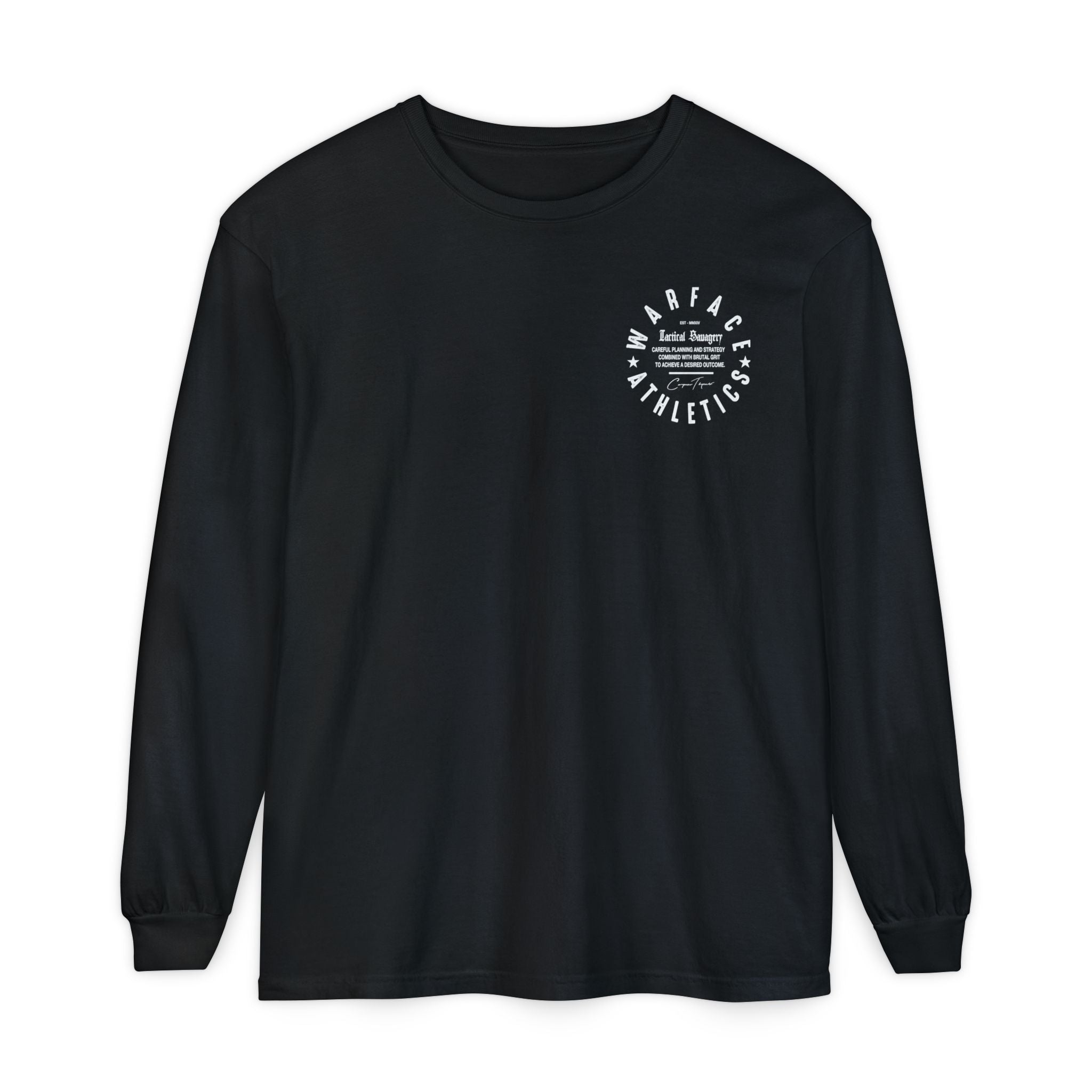 Warface Athletics black long-sleeve shirt with a white logo on a white background