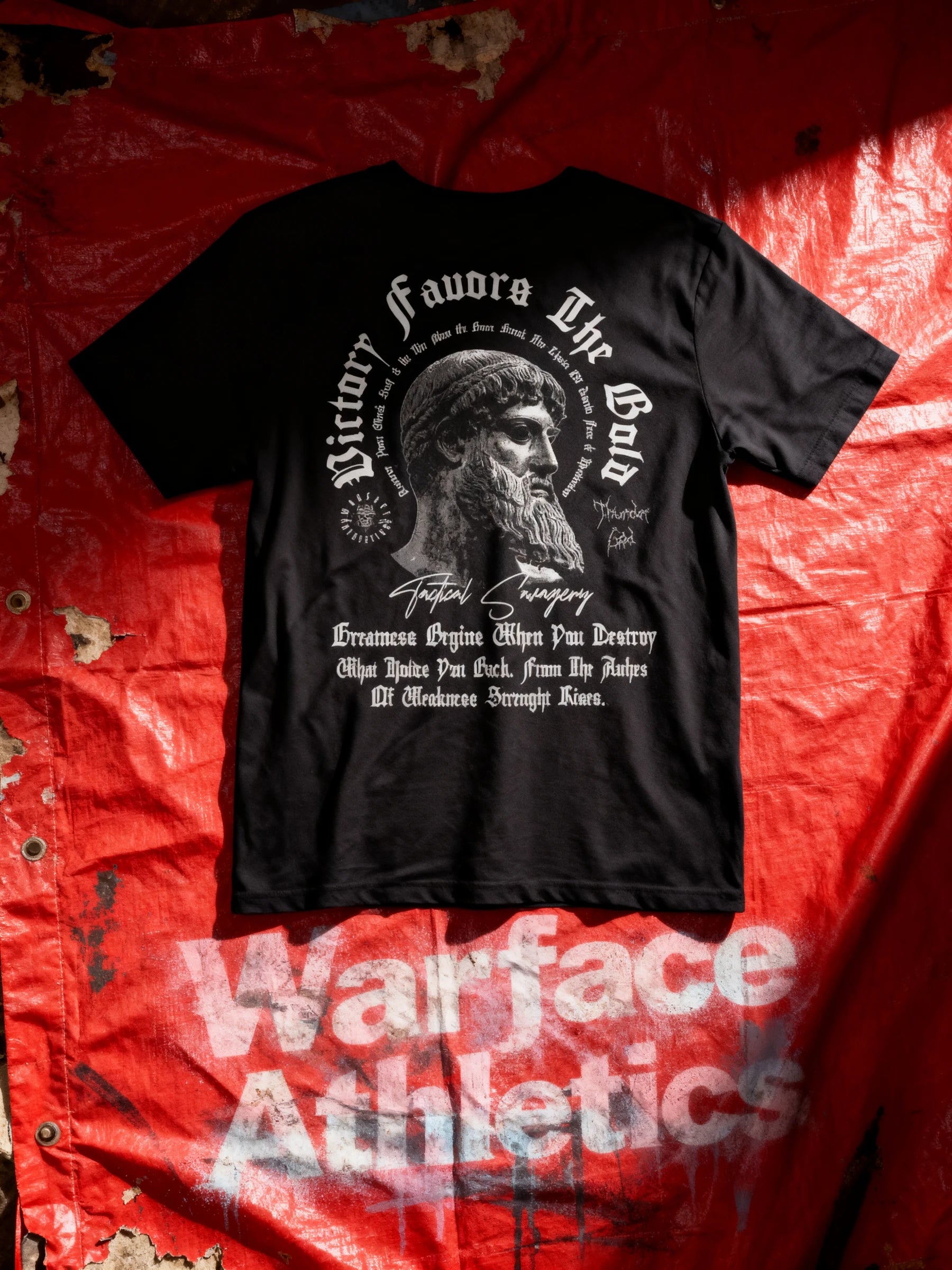 Victory Favors the Bold Tee Display — Men's Greek Mythology Gym Shirt with Warface Athletics Branding on Red Background