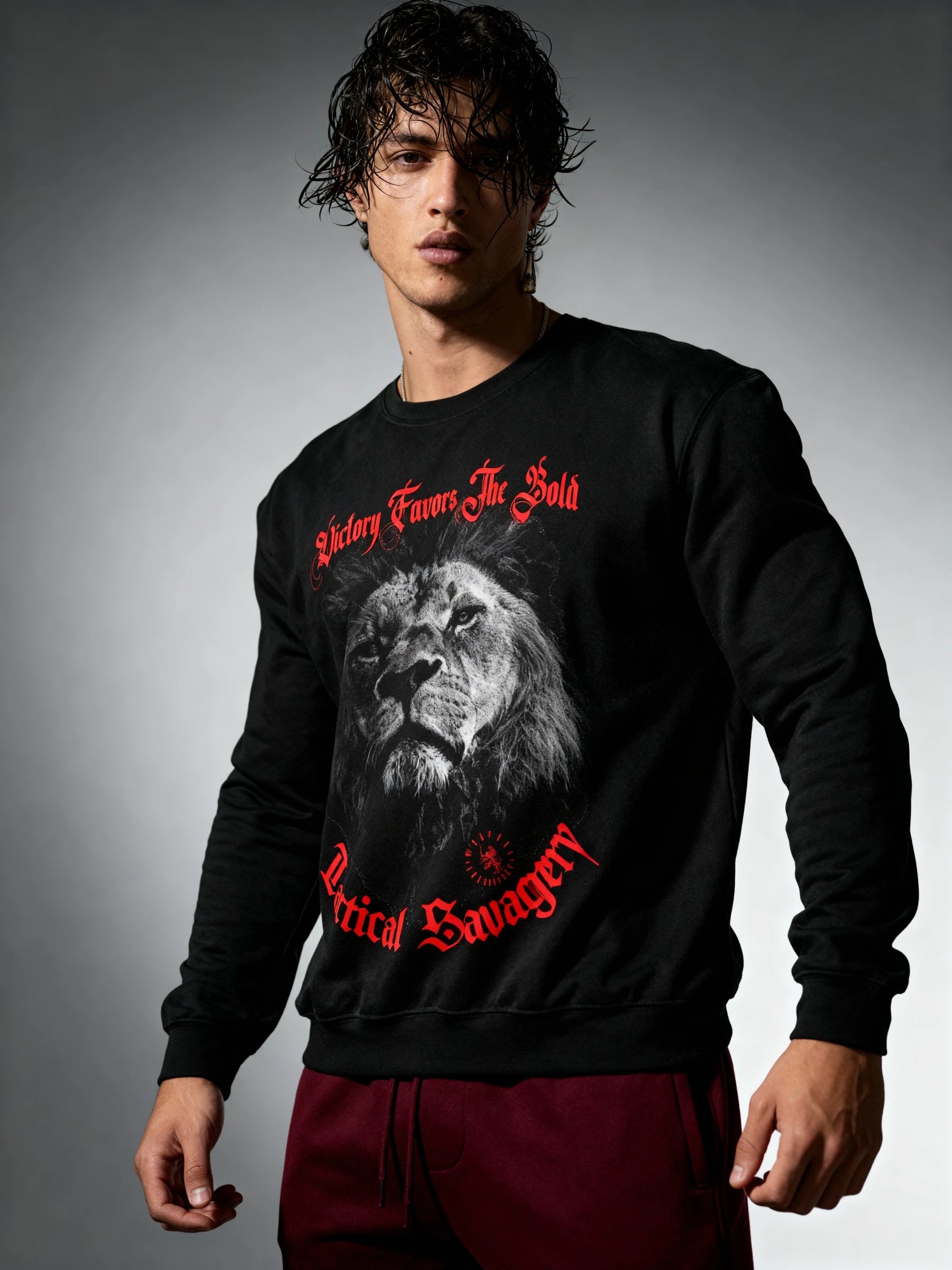 Mens graphic sweater – streetwear model in black lion stoic crewneck sweatshirt, gray background – Warface Athletics