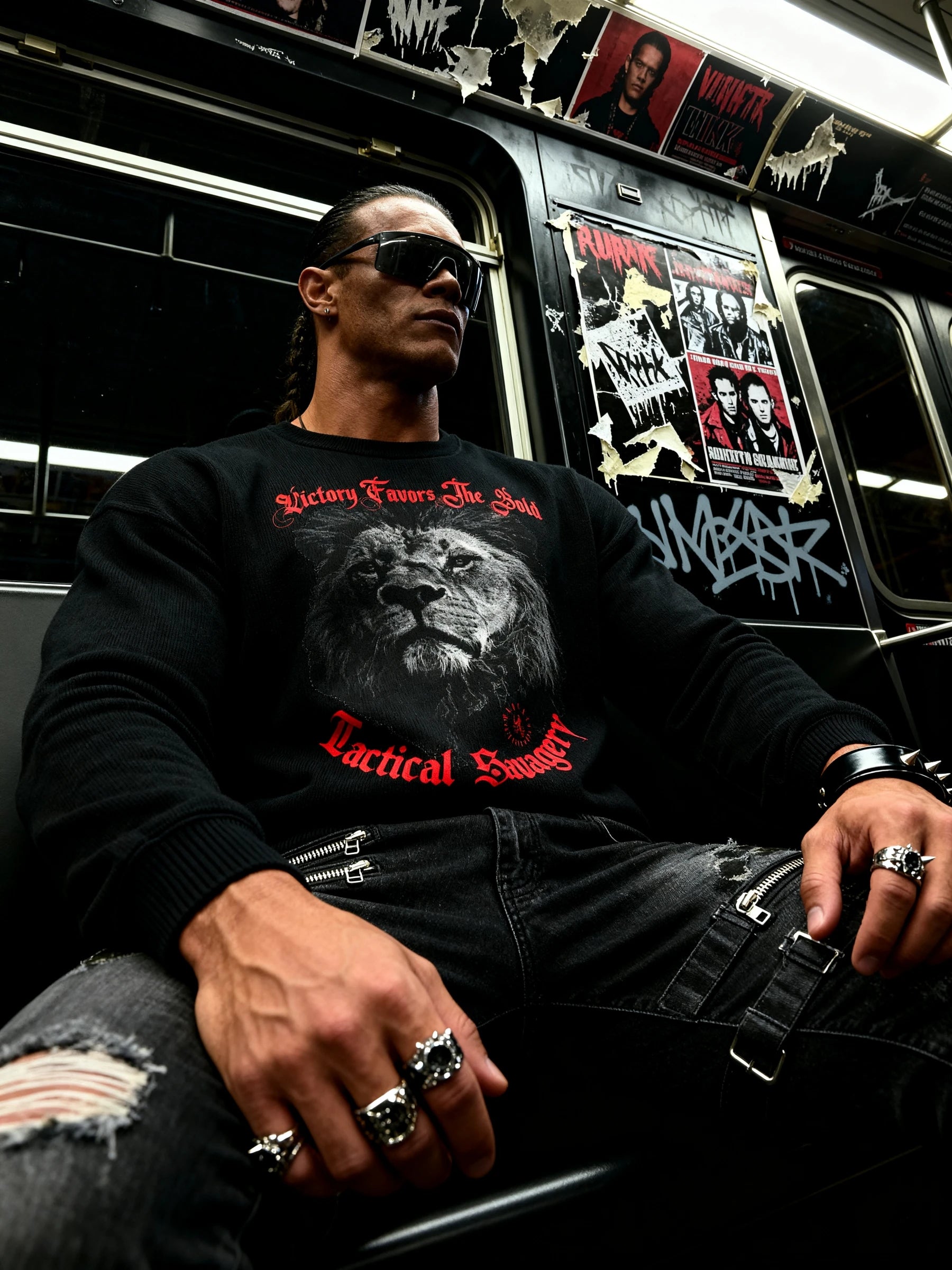 Men's graphic sweatshirt – athlete wearing lion pump cover crewneck on subway, streetwear style – Warface Athletics