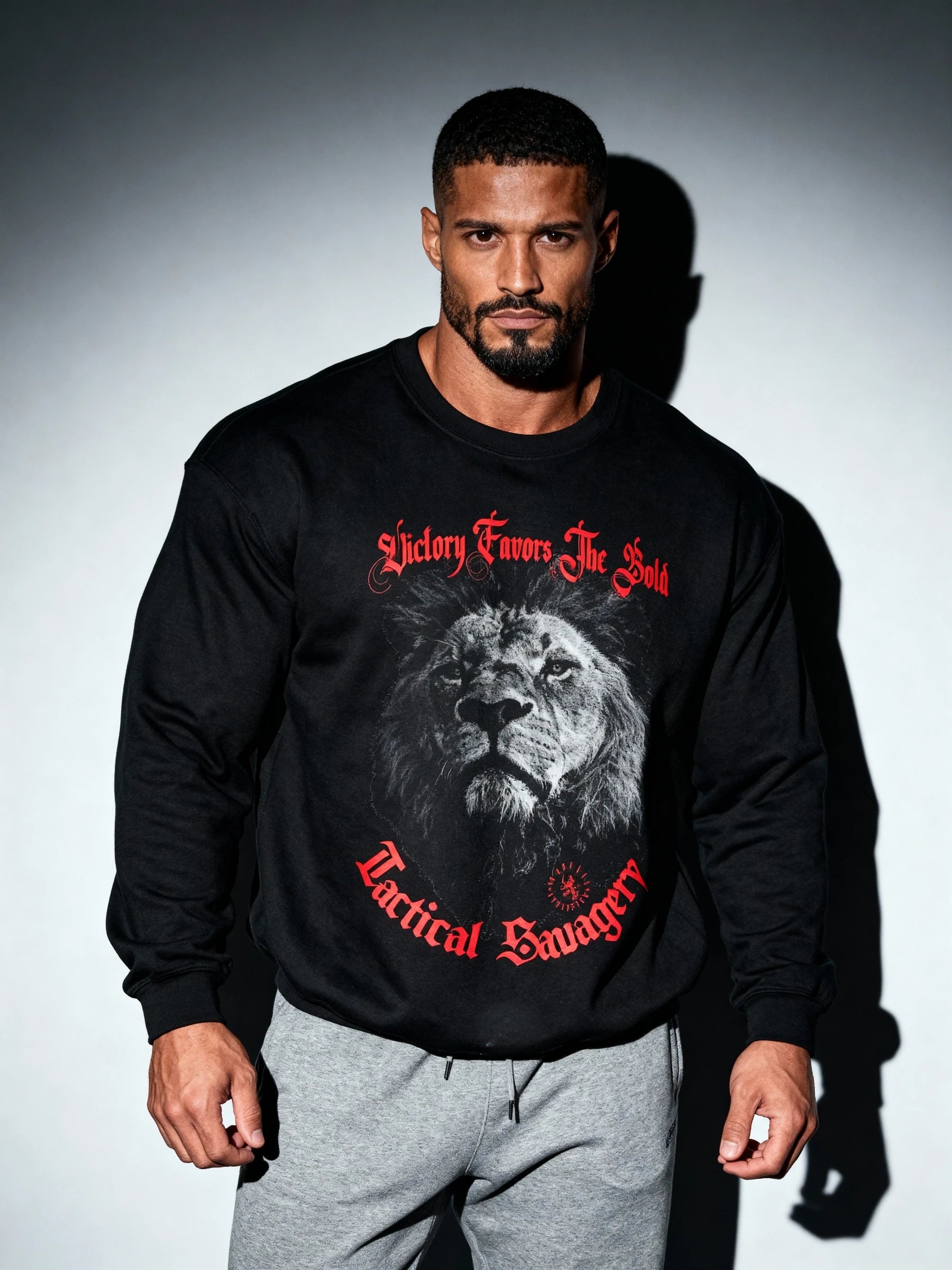 Mens black sweater – bodybuilder in black lion Victory Favors The Bold sweatshirt, gray background – Warface Athletics