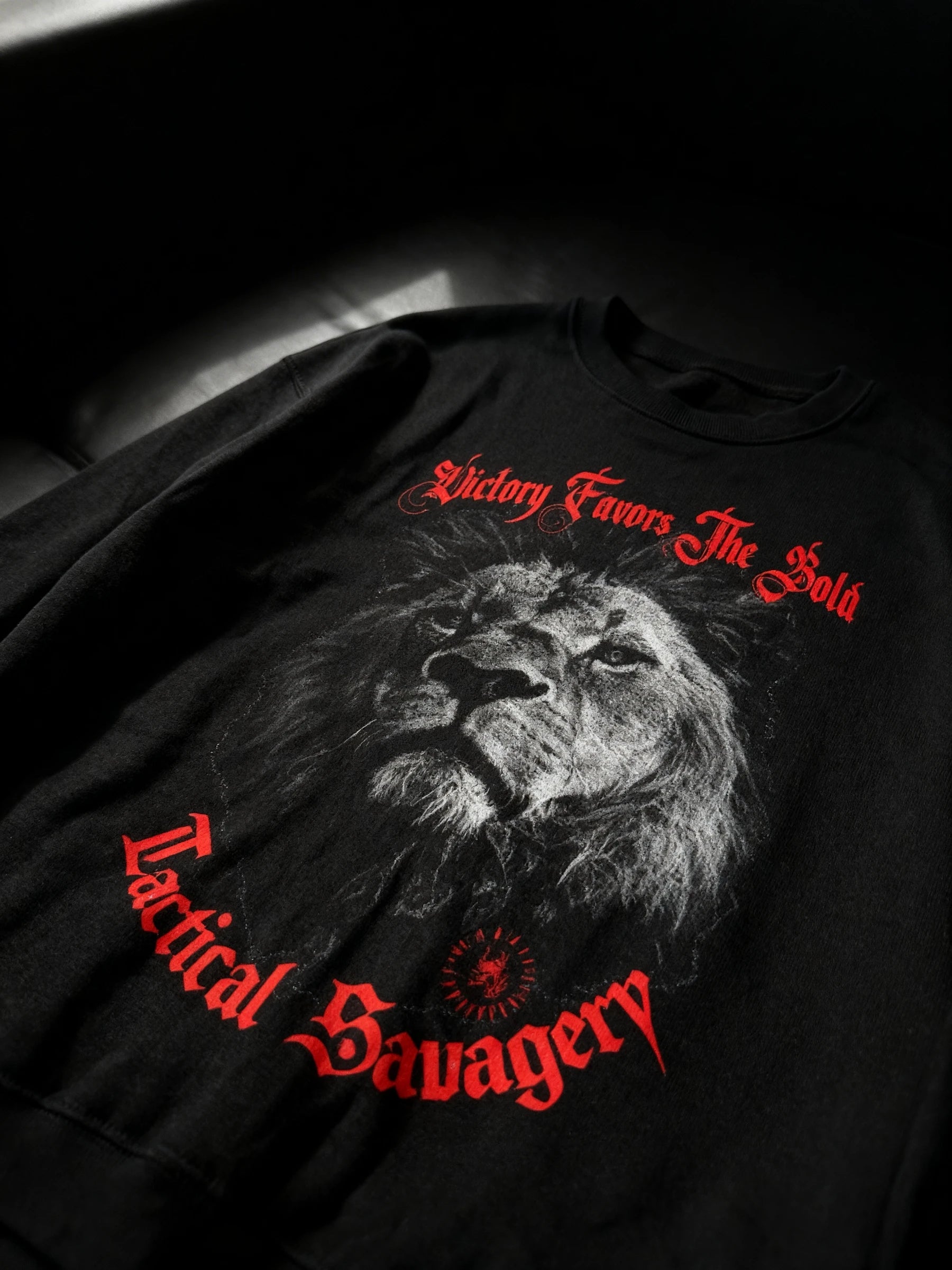 Mens graphic sweater – black lion crewneck Tactical Savagery red gothic text, pump cover sweatshirt – Warface Athletics