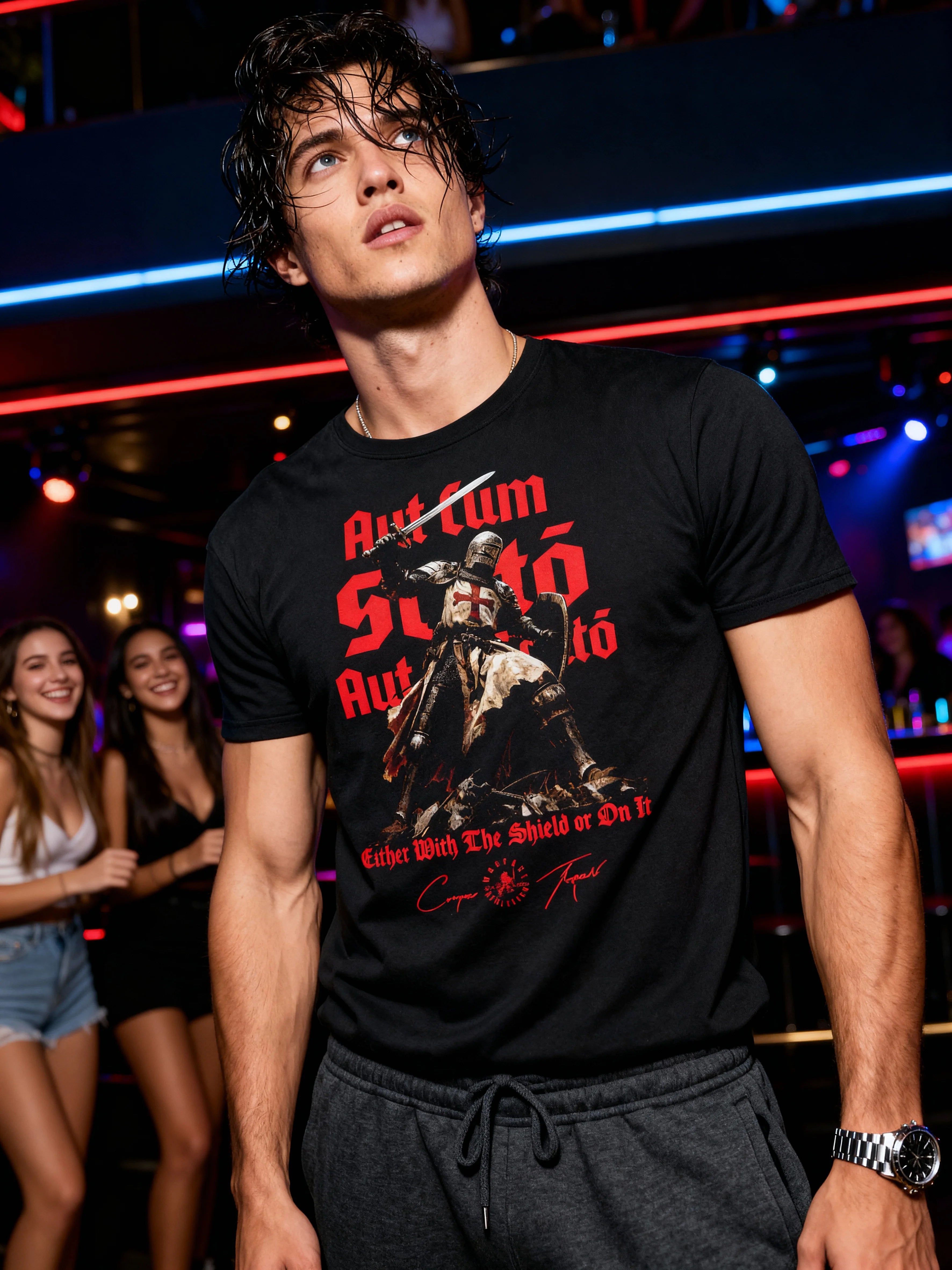 Men's crusader knight graphic tee – streetwear model in Templar gym shirt, nightclub lifestyle shot. Warface Athletics.