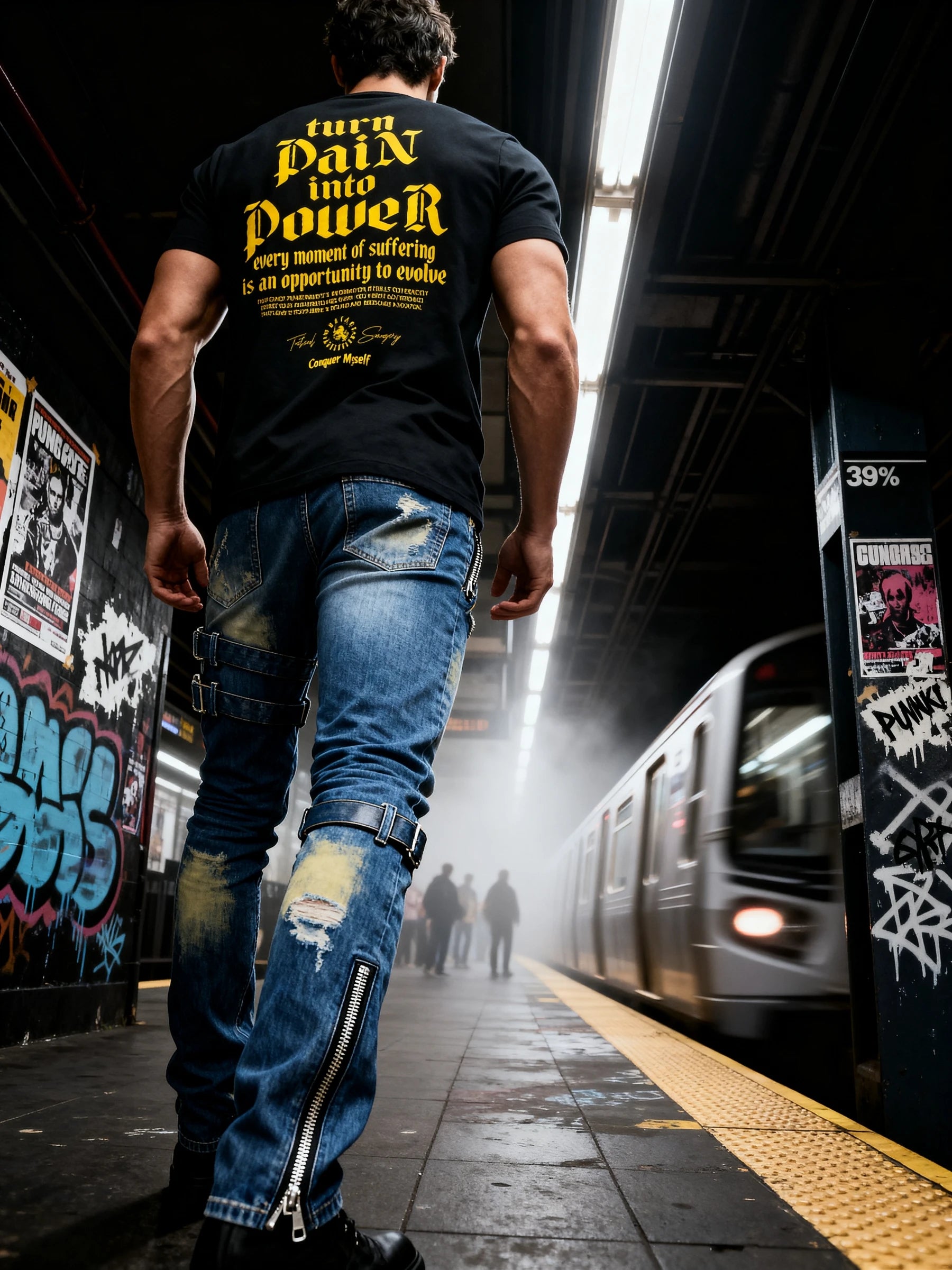 Turn Pain into Power Tee Lifestyle — Men's Stoic Warrior Shirt with Yellow Gothic Back Print by Warface Athletics