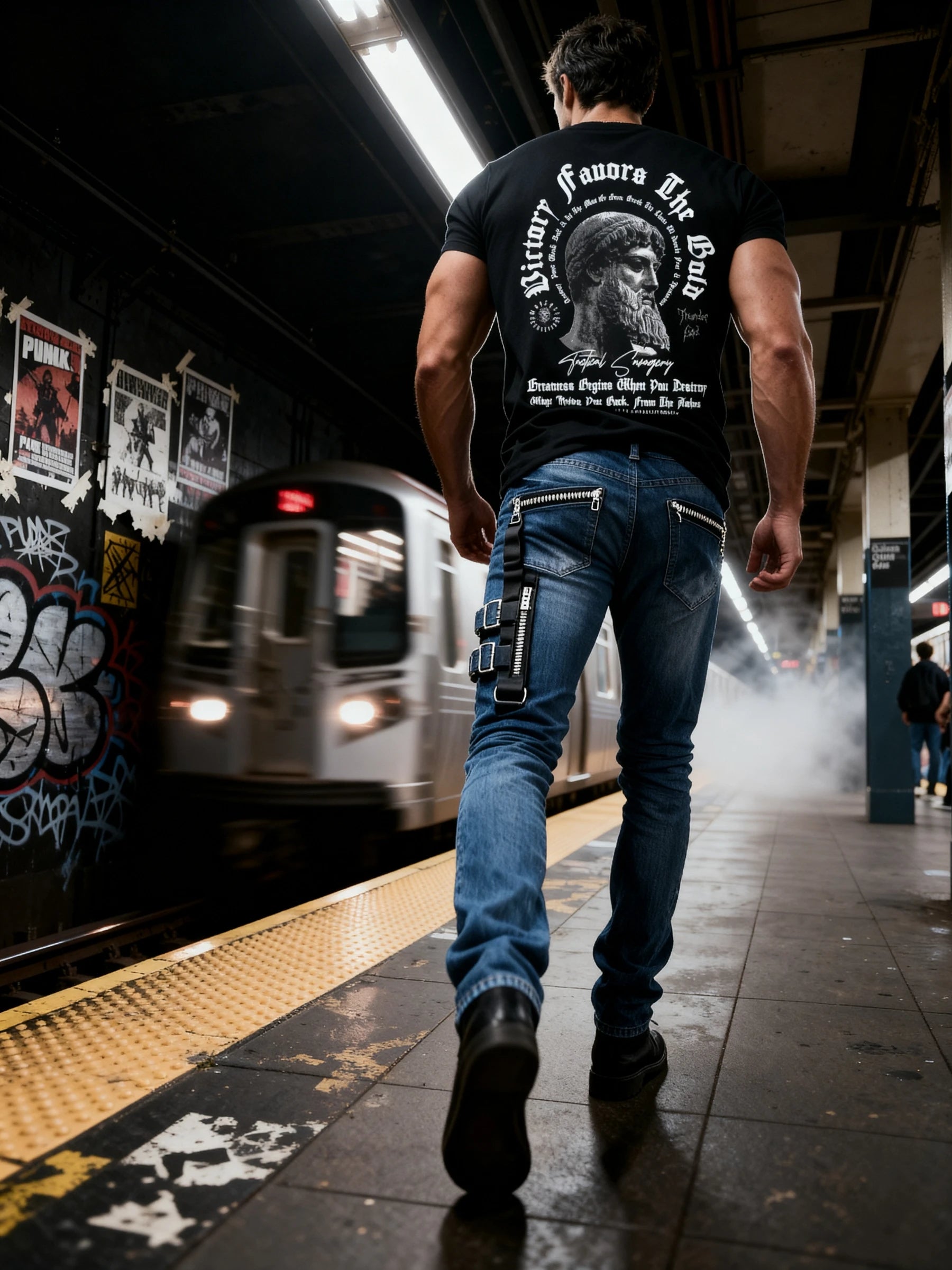 Victory Favors the Bold Tee Lifestyle — Men's Greek God Warrior Shirt with Stoic Quote Back Print in Urban Setting by Warface Athletics
