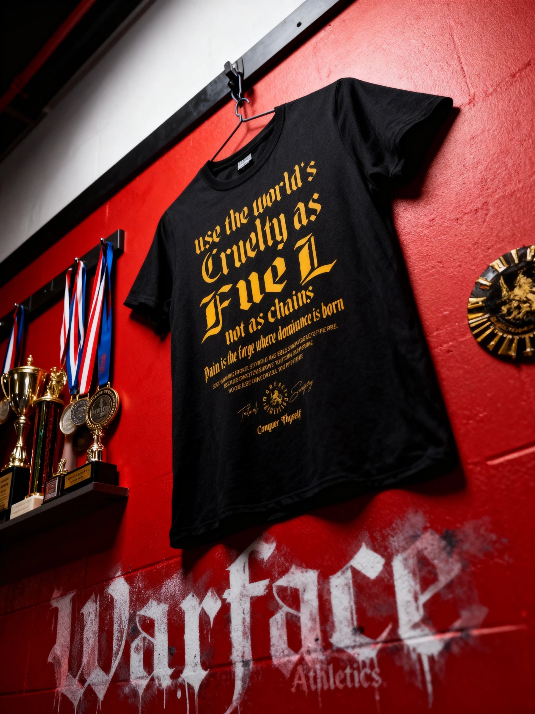 Men's Cruelty as Fuel stoic gym shirt – model in black graphic tee, Warface Athletics red wall display. Warface Athletics.