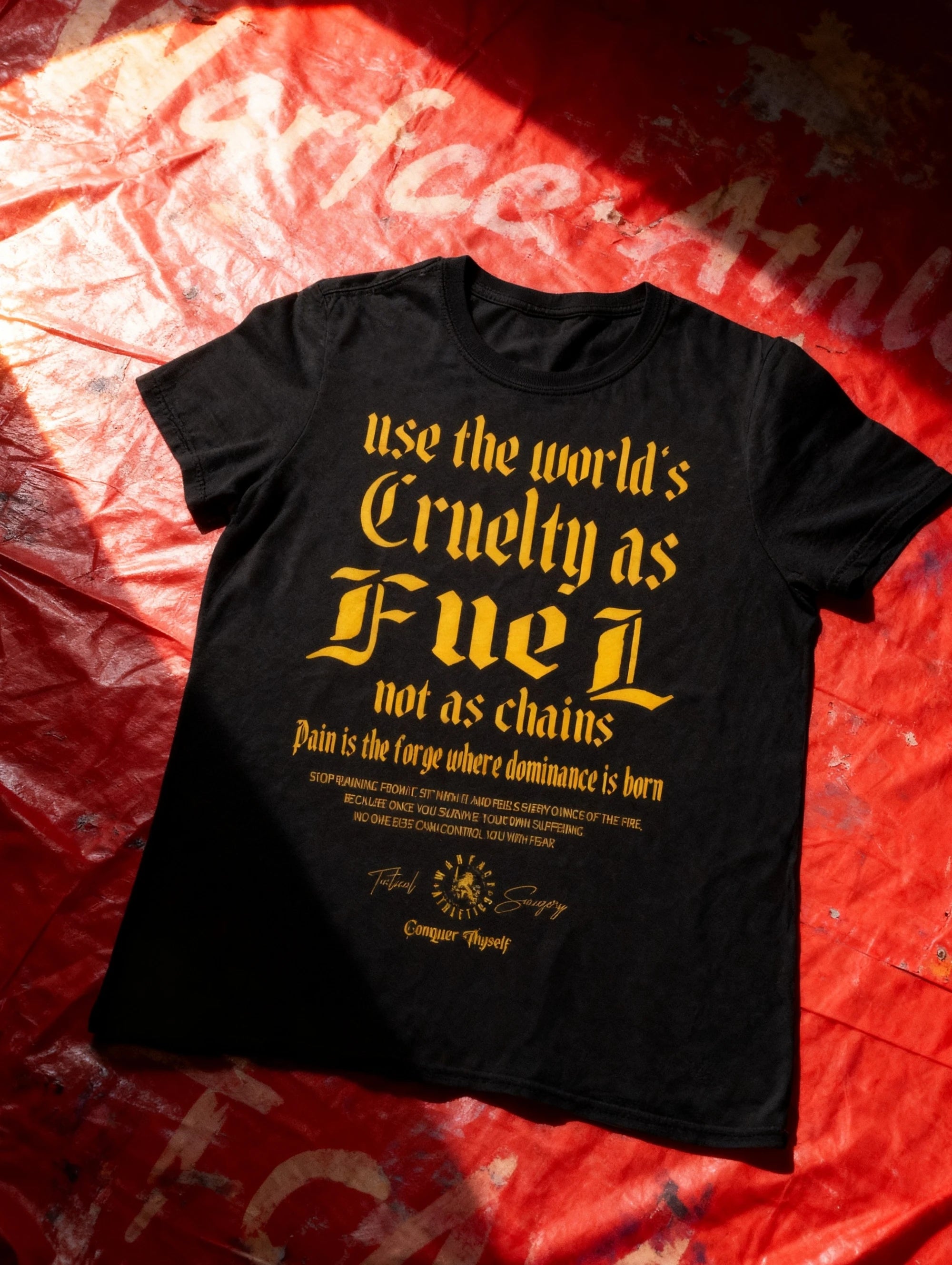 Men's Cruelty as Fuel stoic gym shirt – model in red graphic tee in fight arena, workout shirts for men. Warface Athletics.