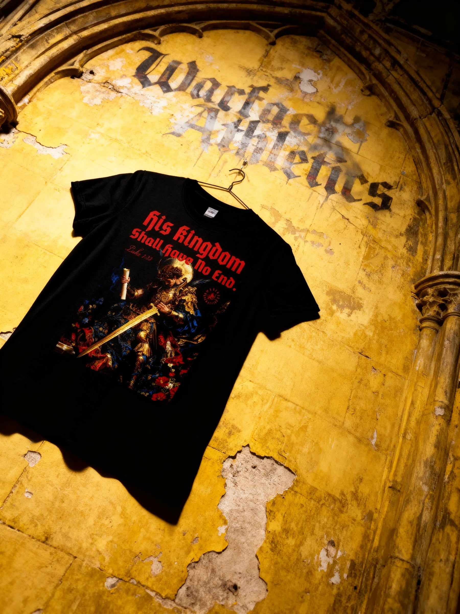 Saint Michael God's Kingdom Graphic Tee Display — Men's Tribute Shirt with Archangel Warrior Print by Warface Athletics