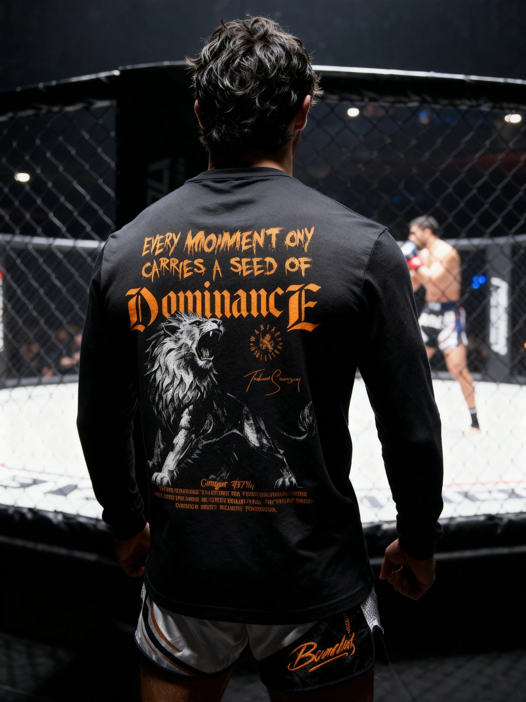 Lion Dominance Long Sleeve Back Detail — Men's Athletic Long Sleeve with Stoic Motivational Quote by Warface Athleticstext in a boxing ring
