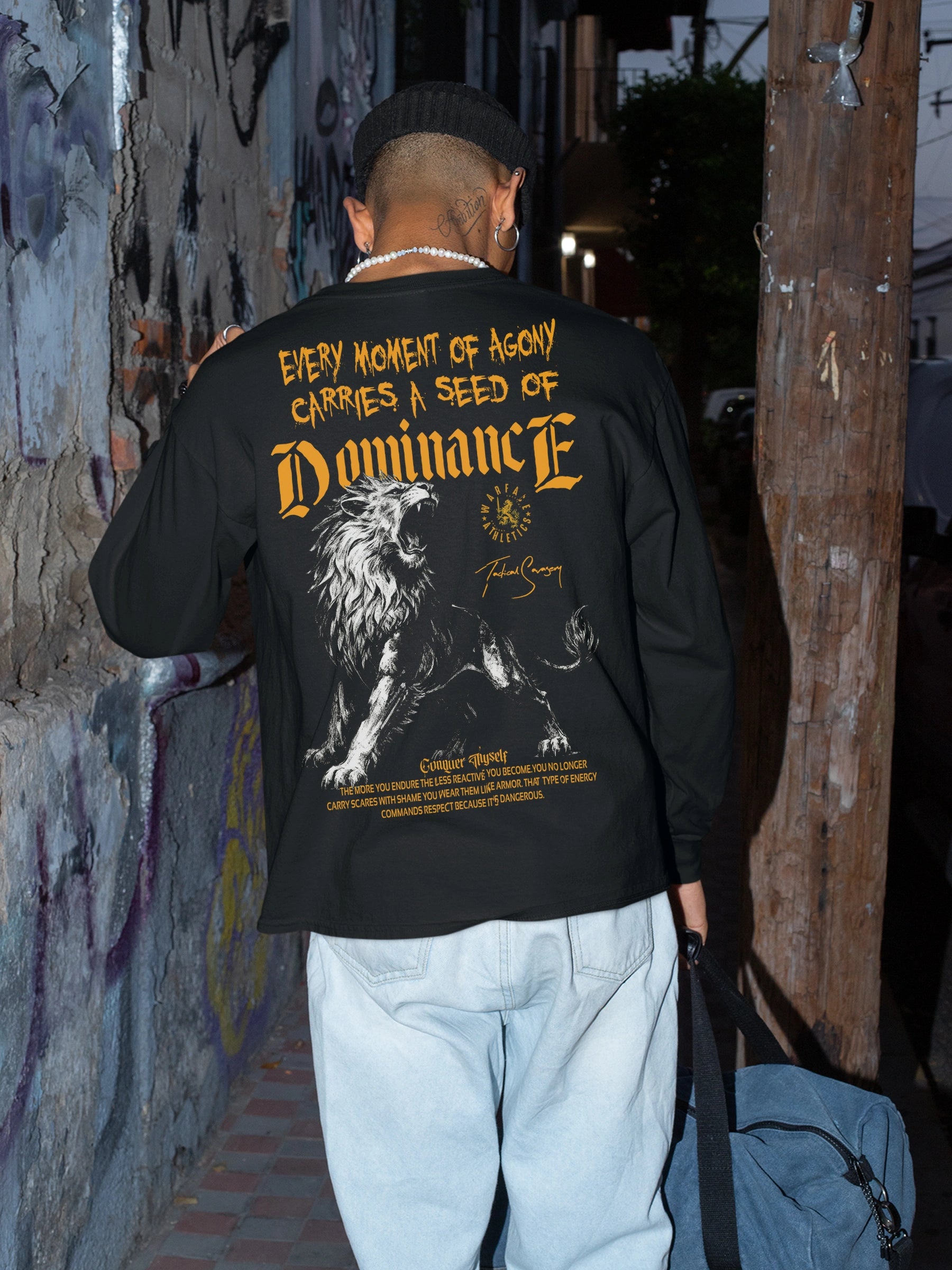 Lion Dominance Long Sleeve Close-Up — Men's T-Shirt with Graphics and Lion Stoic Motivational Quote by Warface Athletics