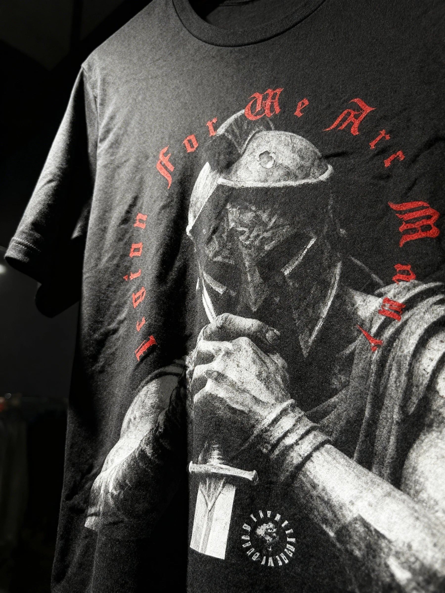 Men's Legion For We Are Many gym shirt – close up spartan warrior graphic tee. Warface Athletics.