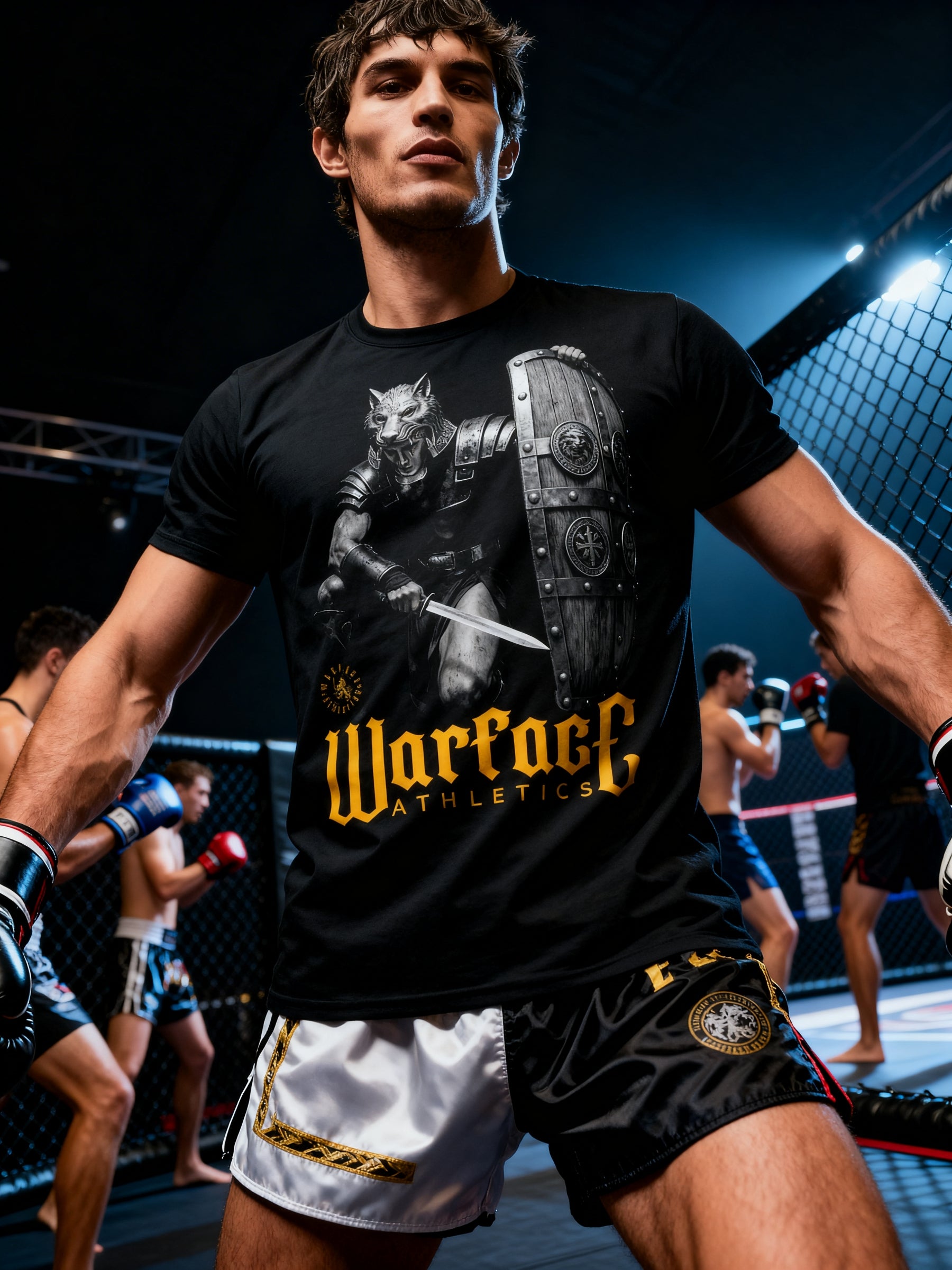 Men's Lone Wolf Gladiator gym shirt – athlete in Roman signifer graphic tee in boxing ring, workout shirts for men.