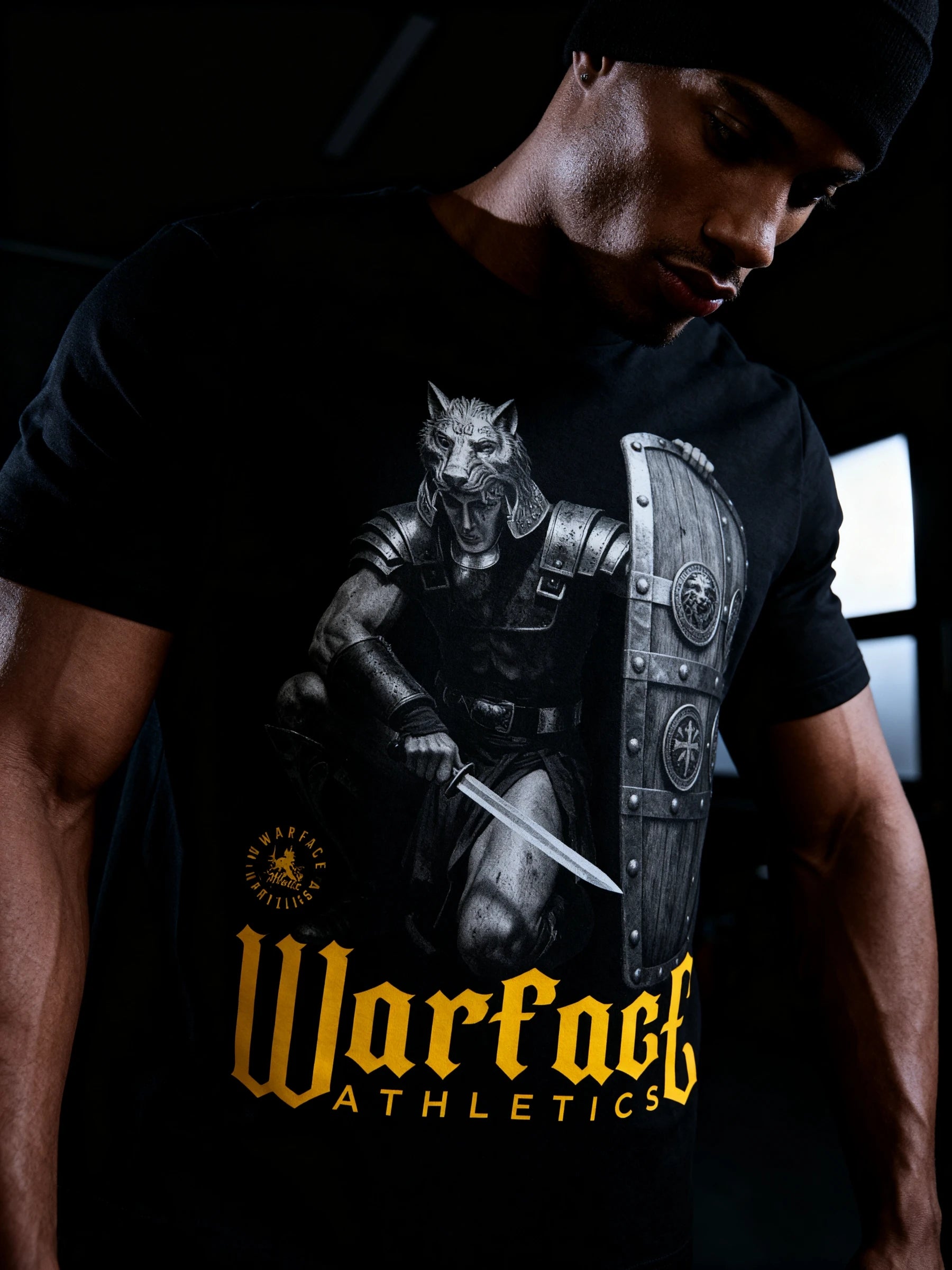 Men's Lone Wolf Gladiator gym shirt – streetwear model in Roman signifer wolf pelt graphic tee. Warface Athletics.