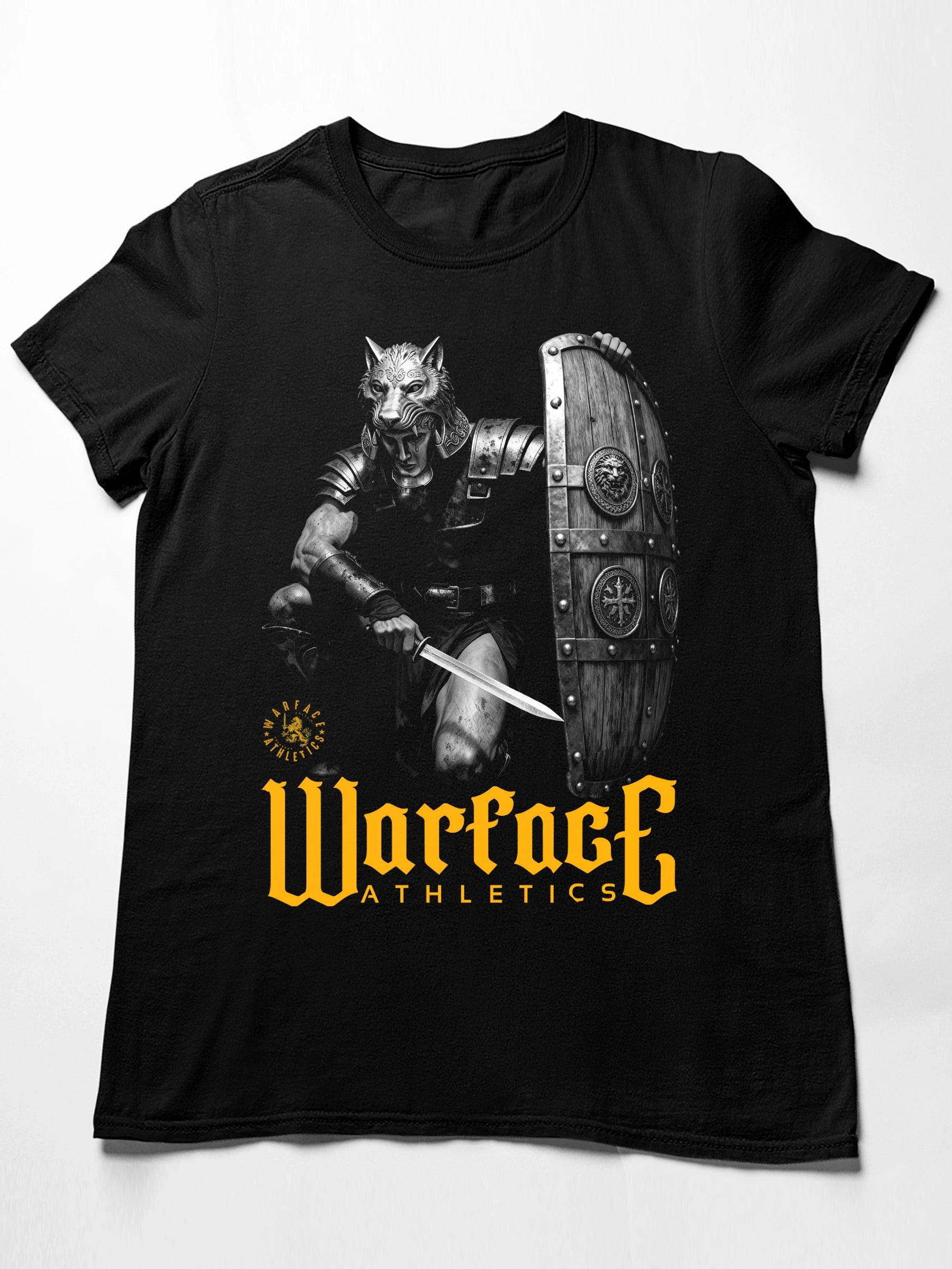 Lone Wolf Gladiator gym shirt front flat lay – men's black Roman signifer graphic tee, Bella+Canvas 3001. Warface Athletics.