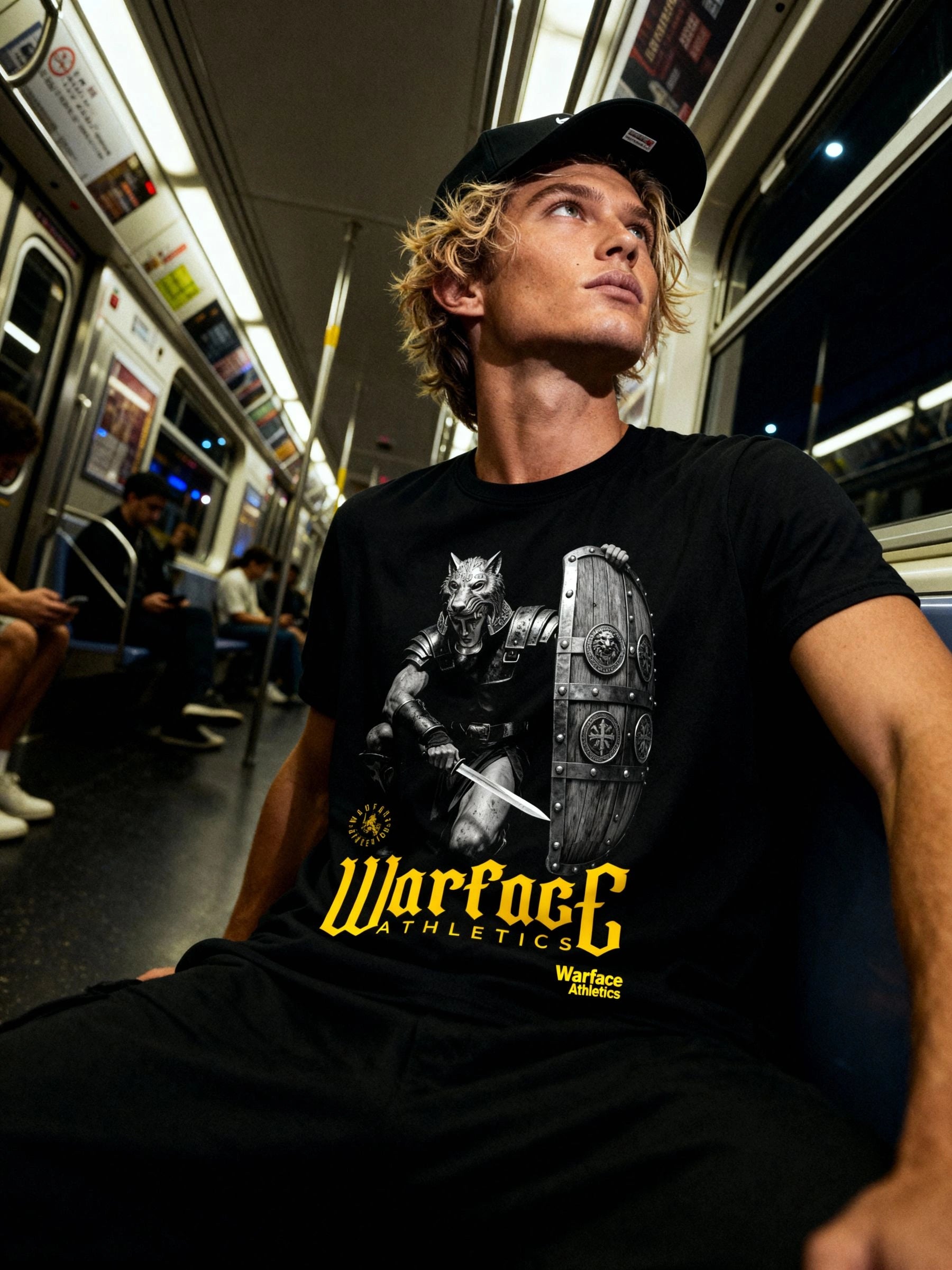 Men's Lone Wolf Gladiator gym shirt – streetwear model in Roman signifer graphic tee on subway train. Warface Athletics.