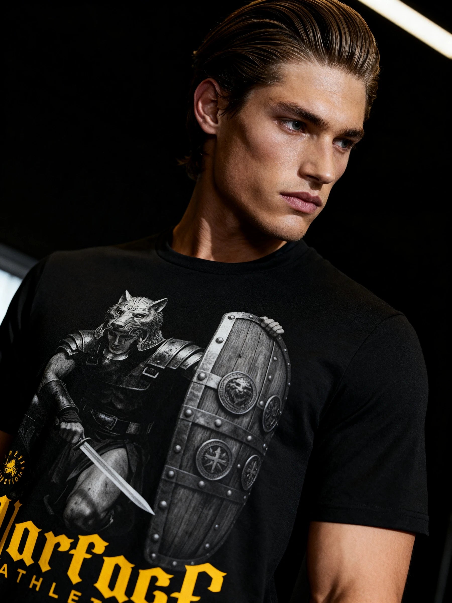 Men's Lone Wolf Gladiator gym shirt – streetwear model in Roman signifer wolf pelt graphic tee. Warface Athletics.