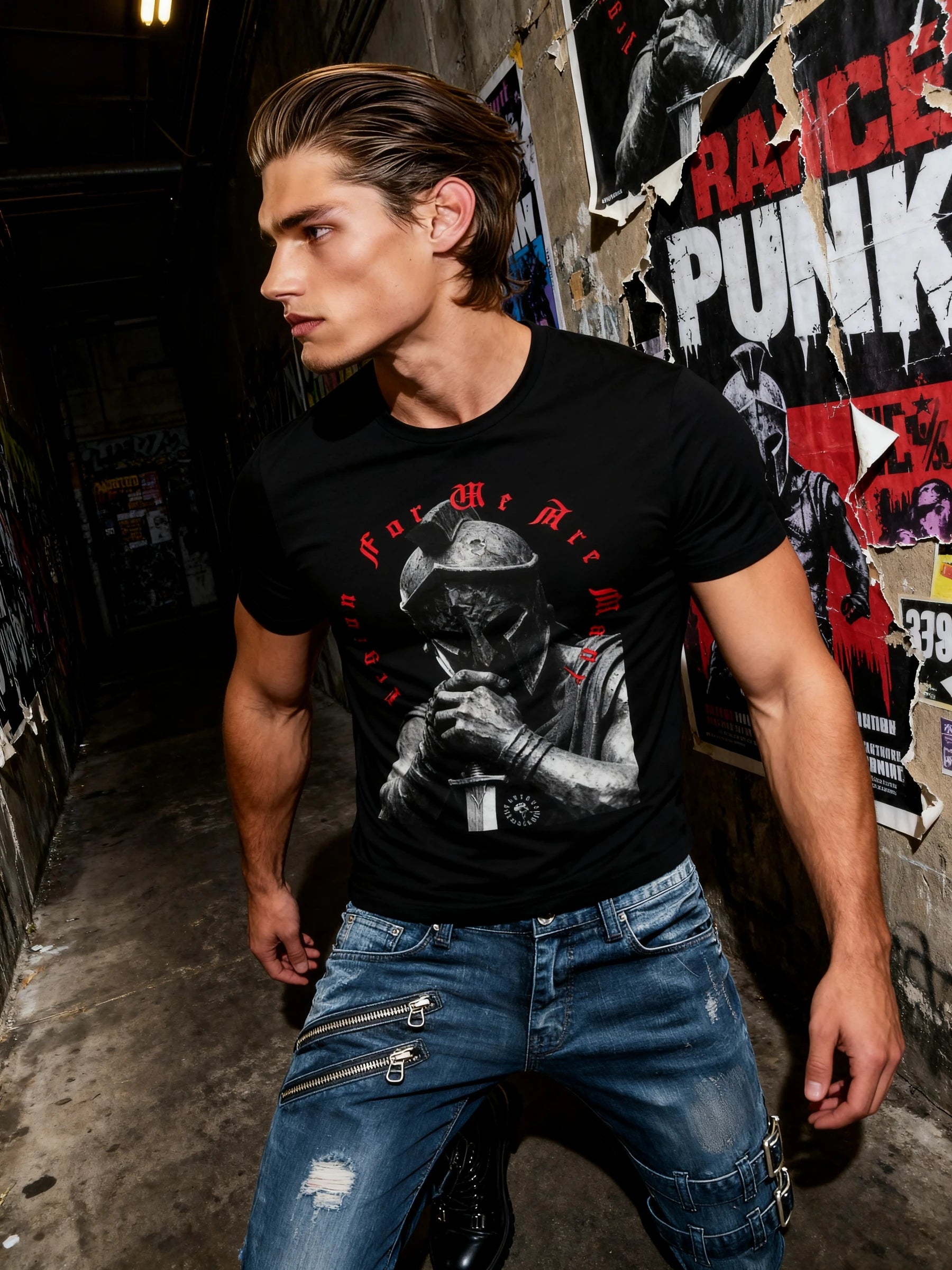 Legion For We Are Many gym shirt front view model in black warrior graphic tee, Bella+Canvas 3001. Warface Athletics.