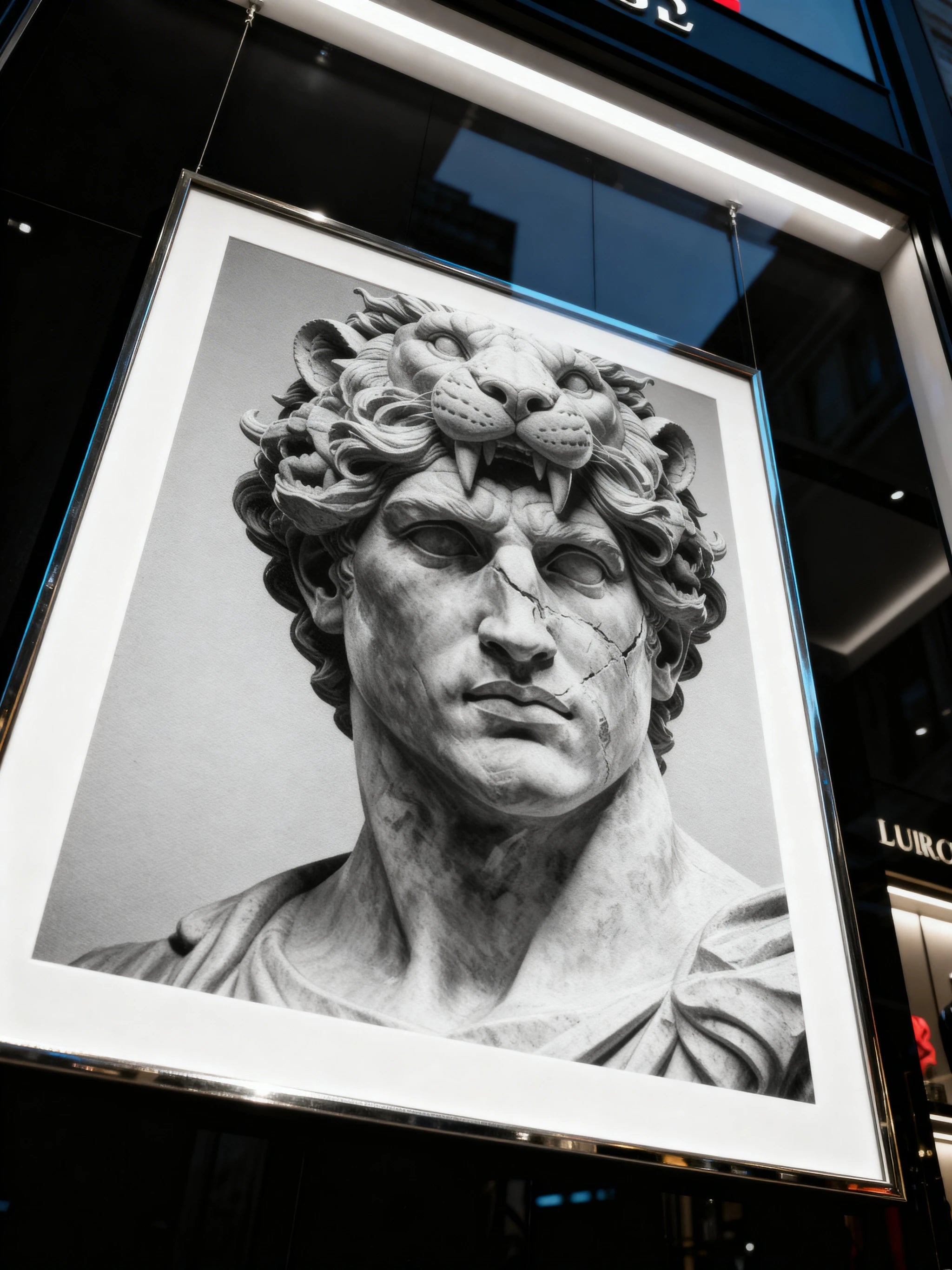 Hercules Nemean lion canvas art on city display – monochrome greek mythology wall art, home gym decor. Warface Athletics.