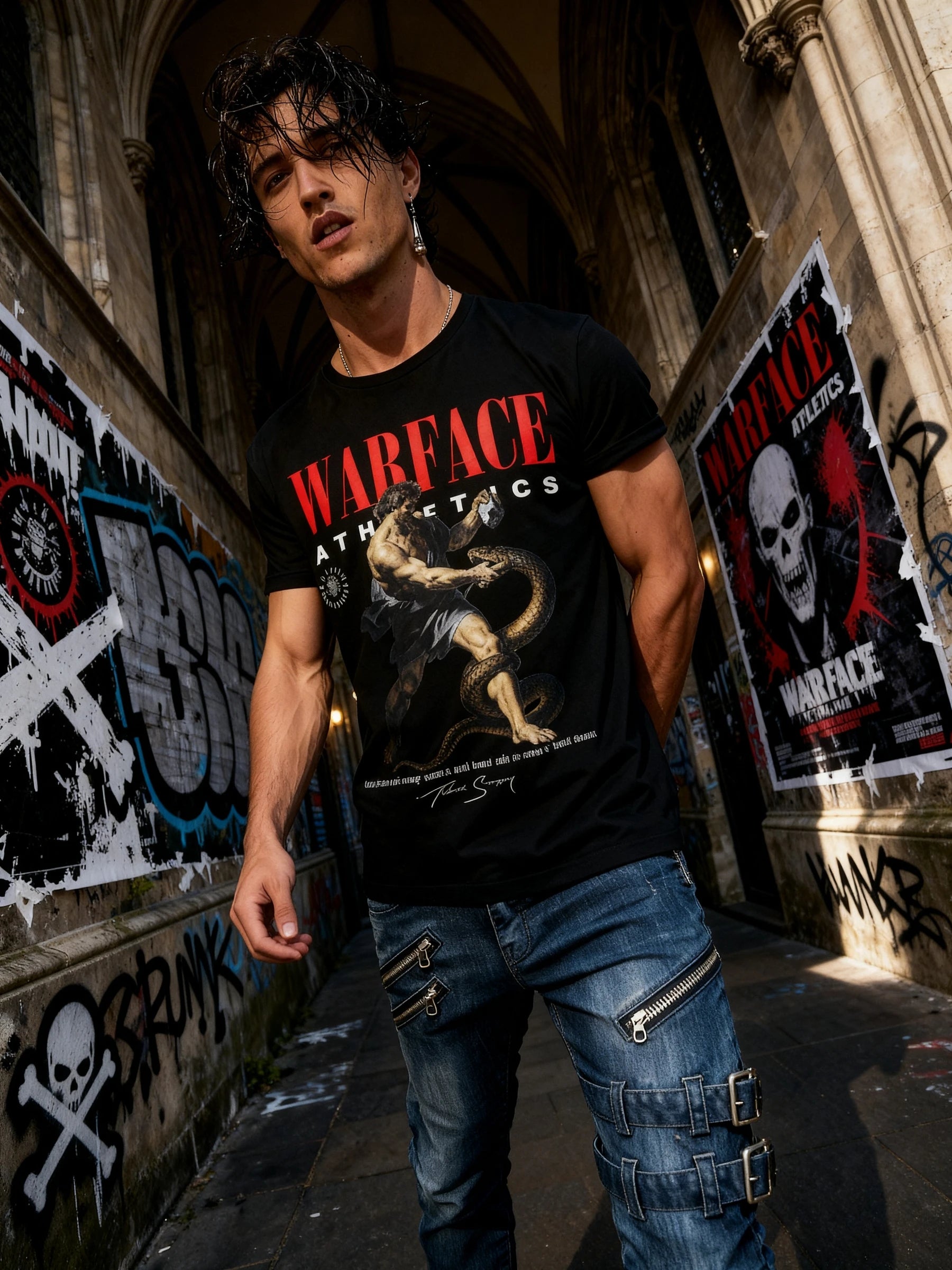 Warface Tee Lifestyle — Men's Greek Warrior Shirt with Hercules Achelous Print in Urban Setting by Warface Athletics