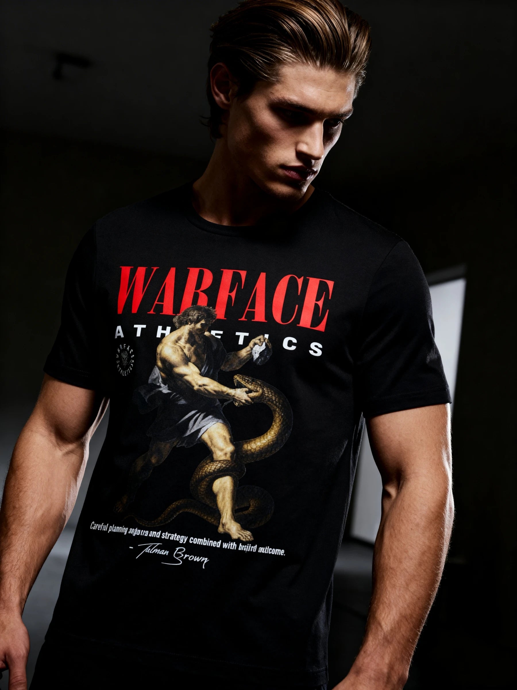 Men's Hercules Greek Mythology Gym Shirt with Warrior Graphic in Urban Setting by Warface Athletics