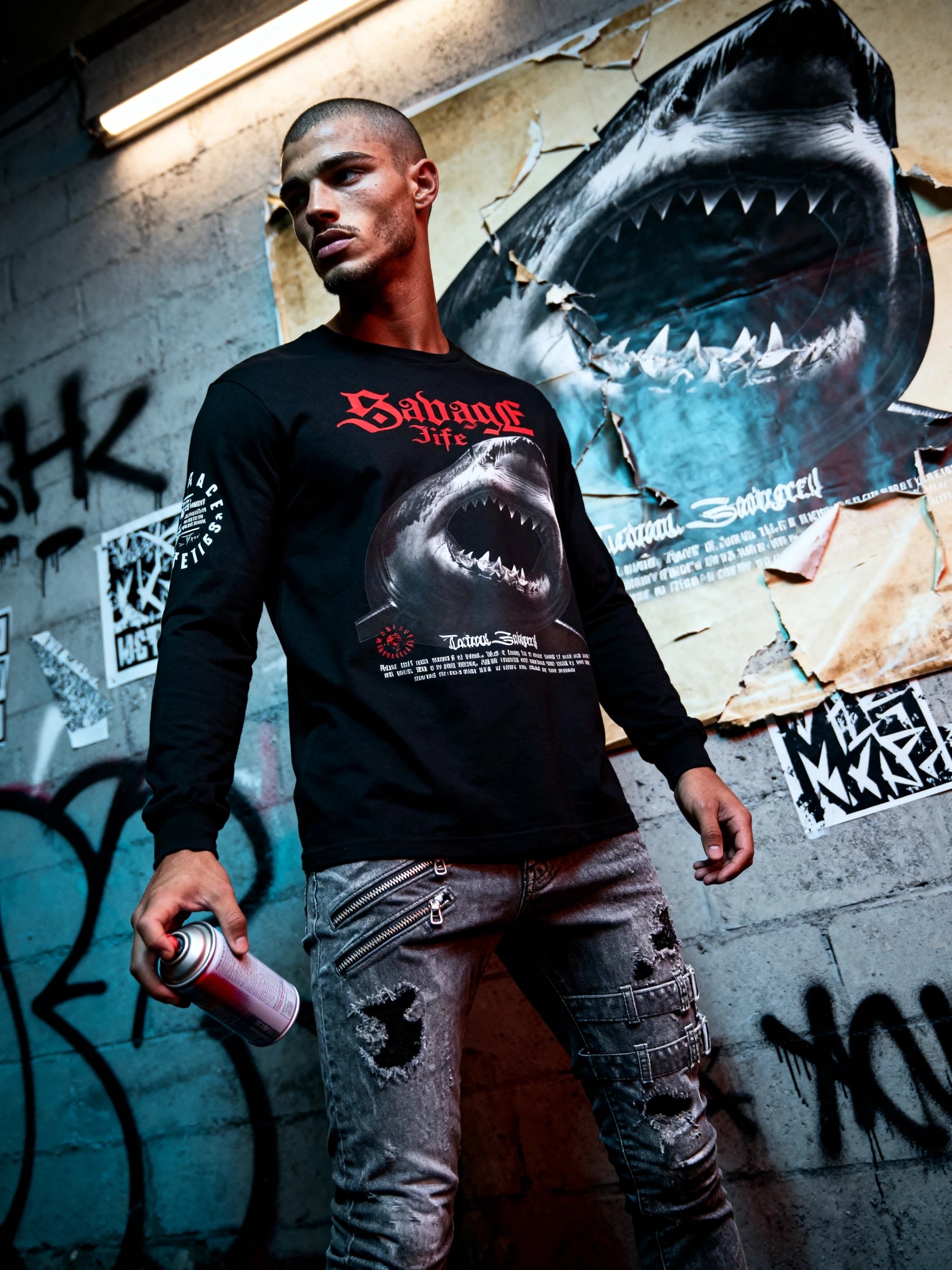 Men's Savage Life shark graphic long sleeve – streetwear model in black gym shirt, urban subway setting. Warface Athletics.