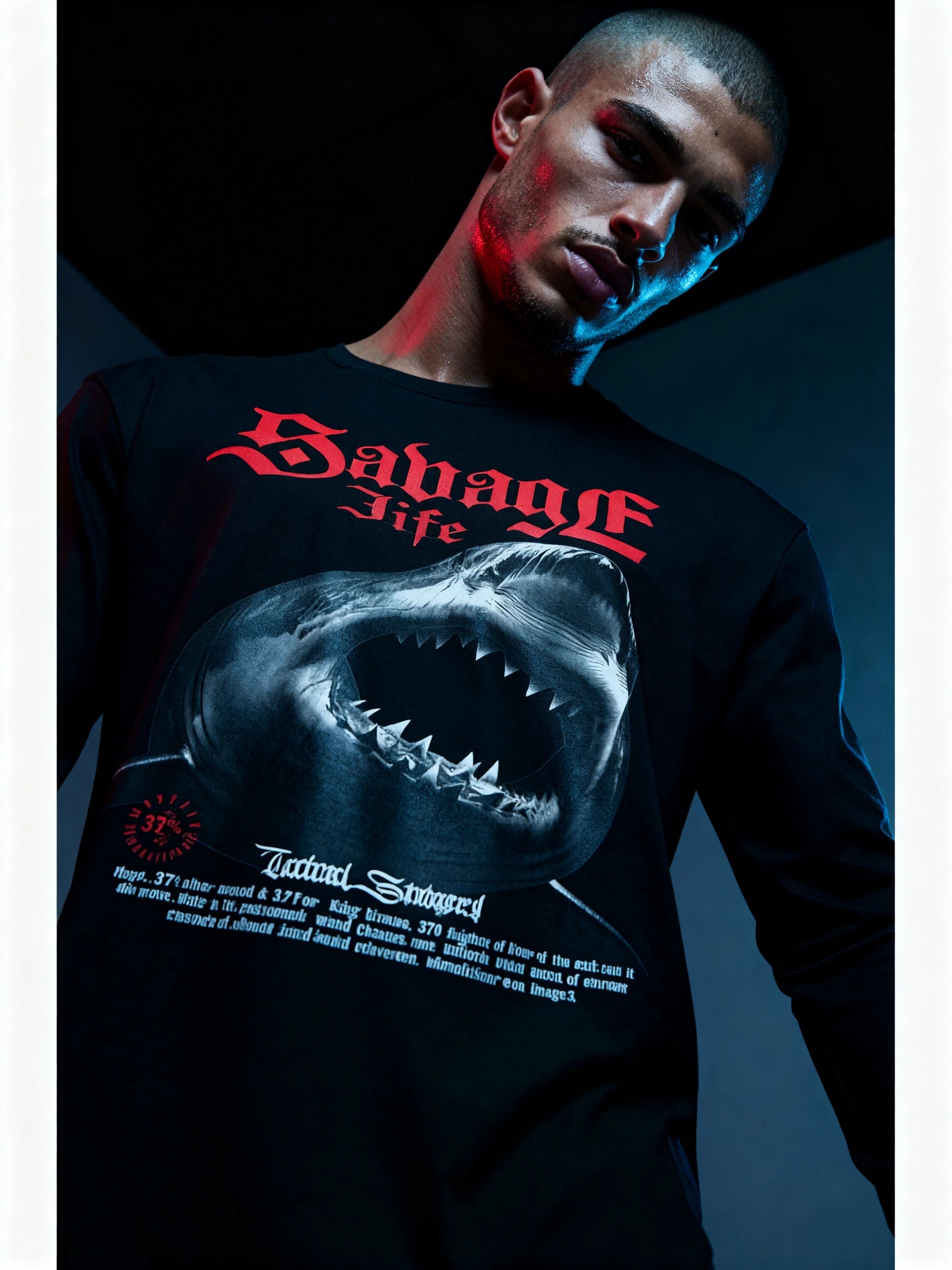 Savage Life shark graphic long sleeve apparel – men's black long sleeve gym shirt. Warface Athletics.