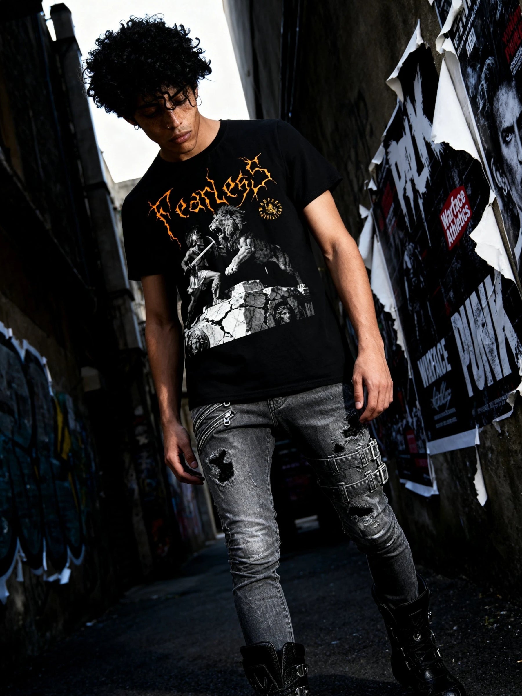Fearless Spartan vs lion graphic tee armored warrior facing lion, men's black gym shirt. Warface Athletics.