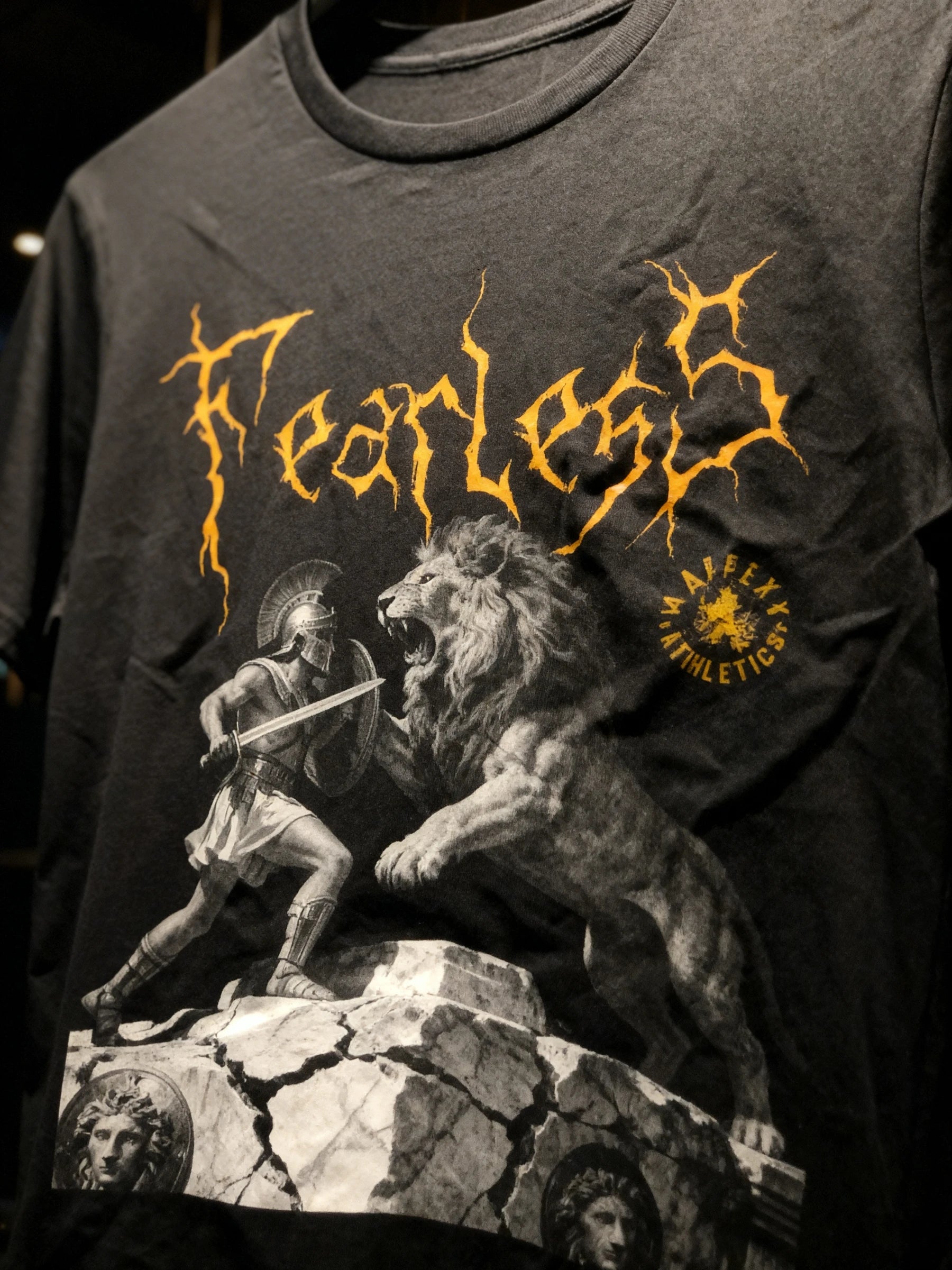 Fearless Spartan vs lion gym shirt – men's warrior graphic tee, dark background lifestyle. Warface Athletics.