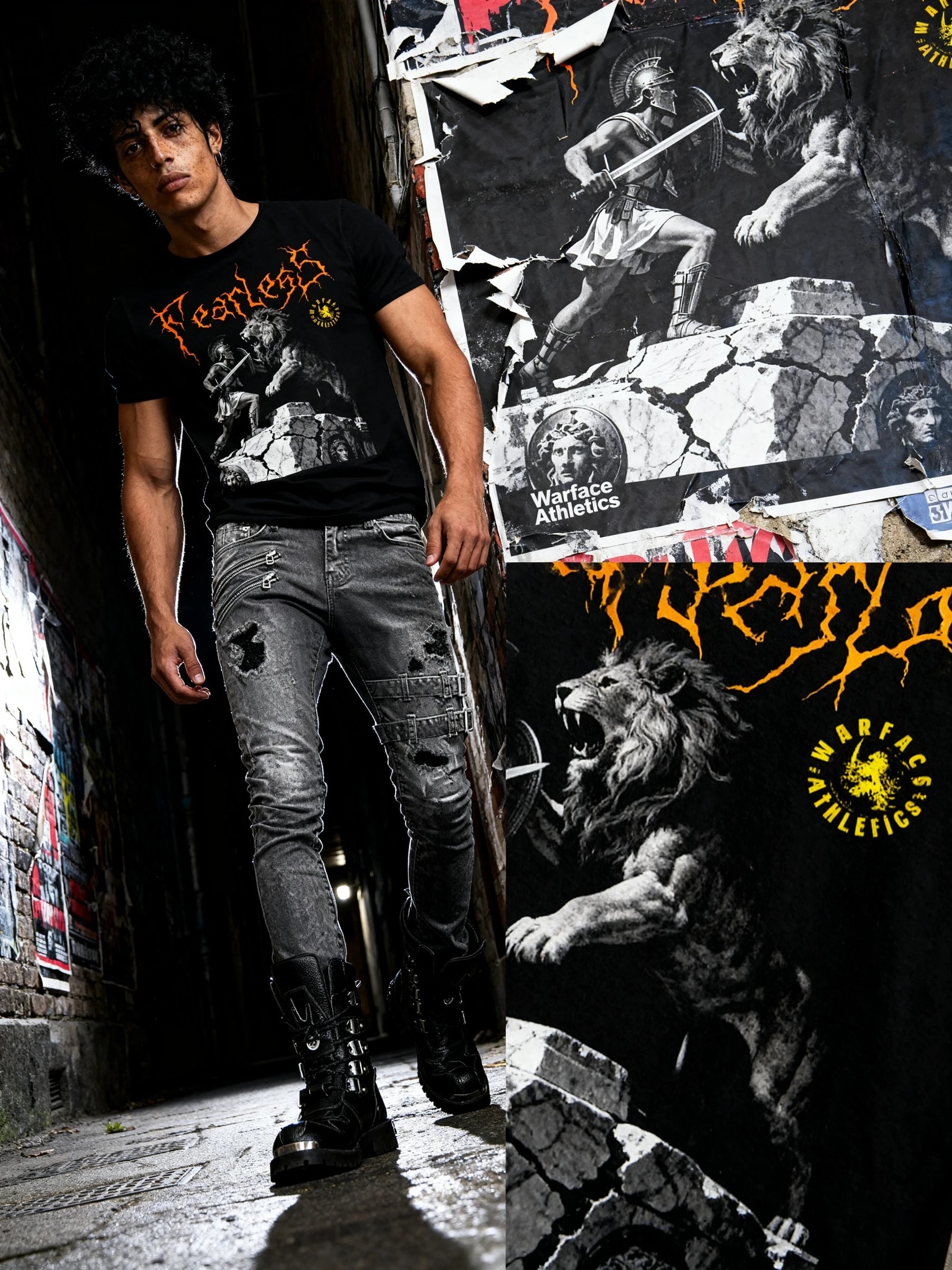 Men's Fearless Spartan vs lion gym shirt – streetwear model in warrior graphic tee, urban setting. Warface Athletics.