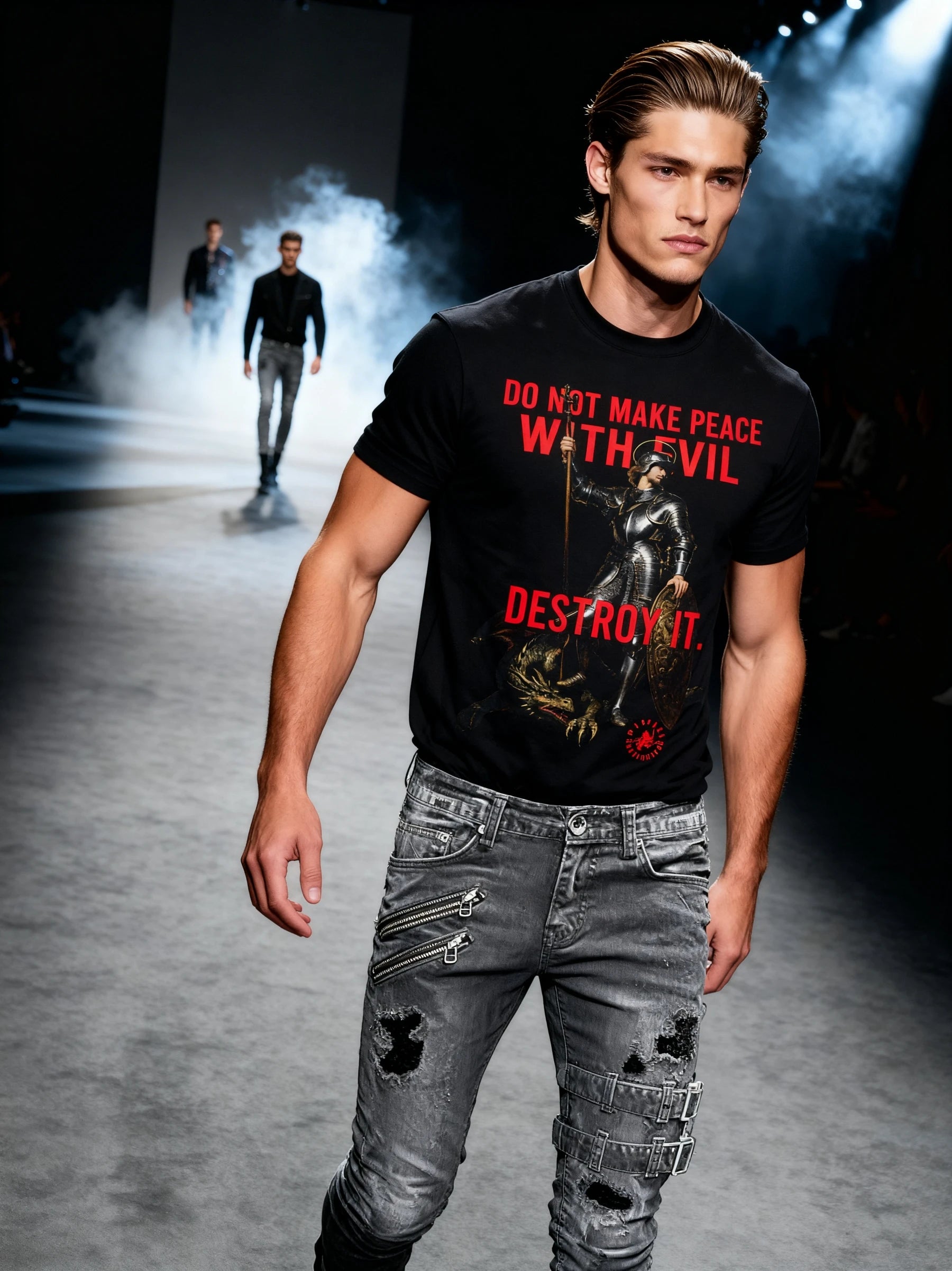 St. George dragon slayer graphic tee – men's christian warrior gym shirt, dark runway lifestyle shot. Warface Athletics.