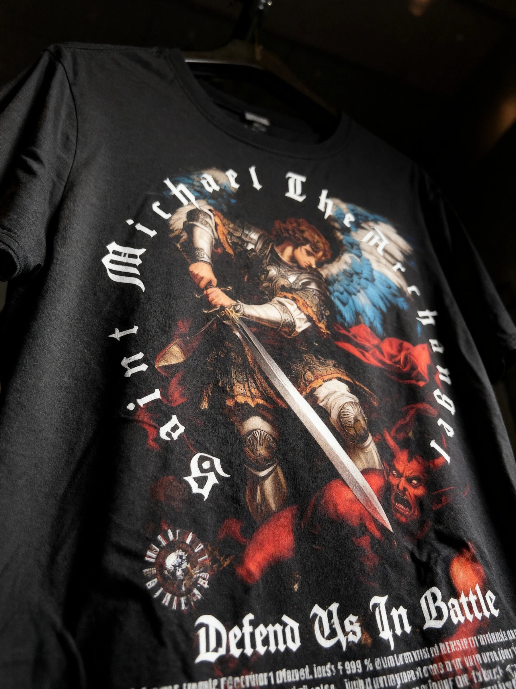 Saint Michael Graphic Tee Back View — Men's Workout Shirt with Archangel Print and Inspirational Quote by Warface Athletics