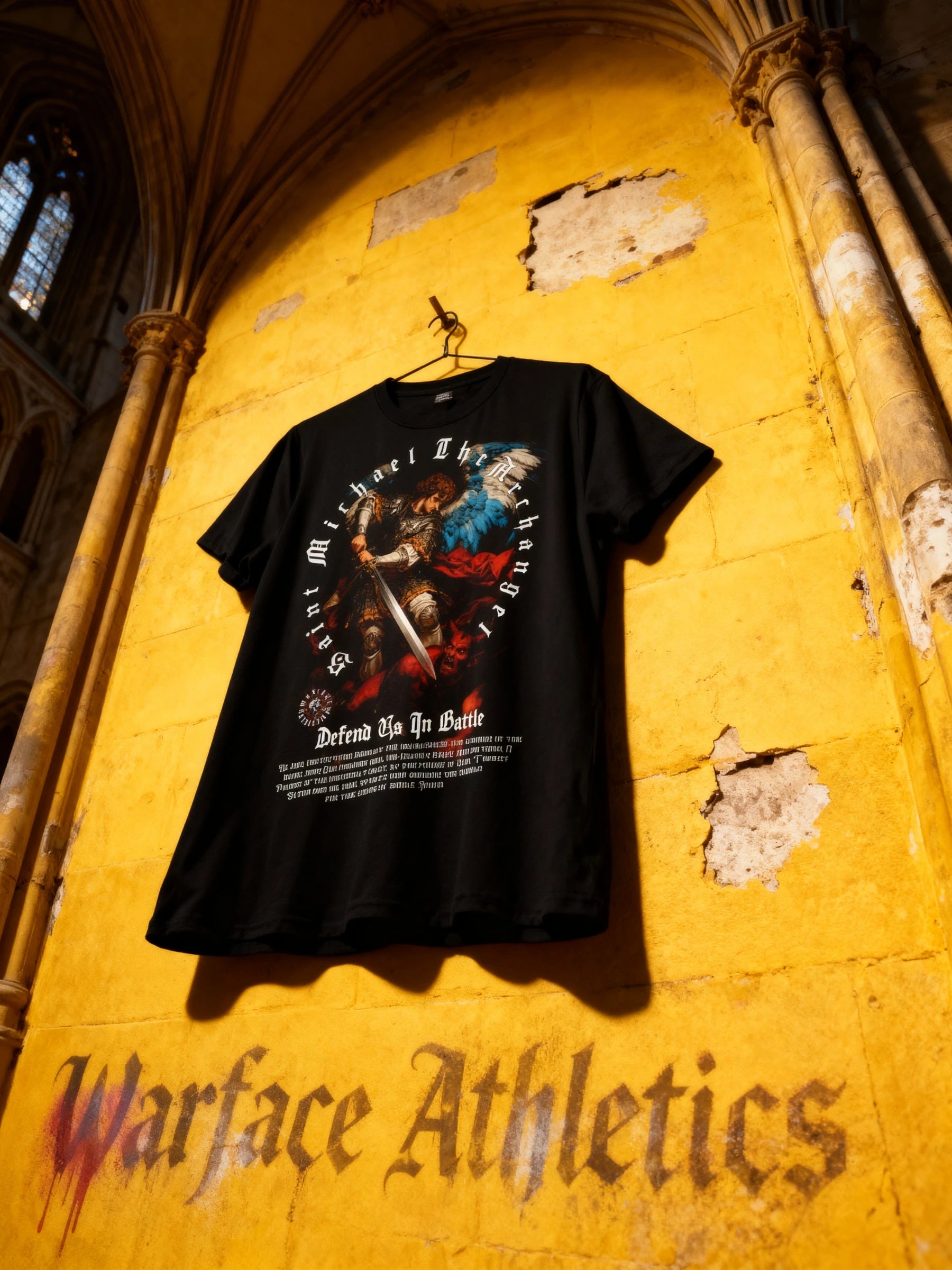 Warface Athletics St. Michael Shirt Flat Lay — Men's Graphic T-Shirt with Archangel Warrior Print