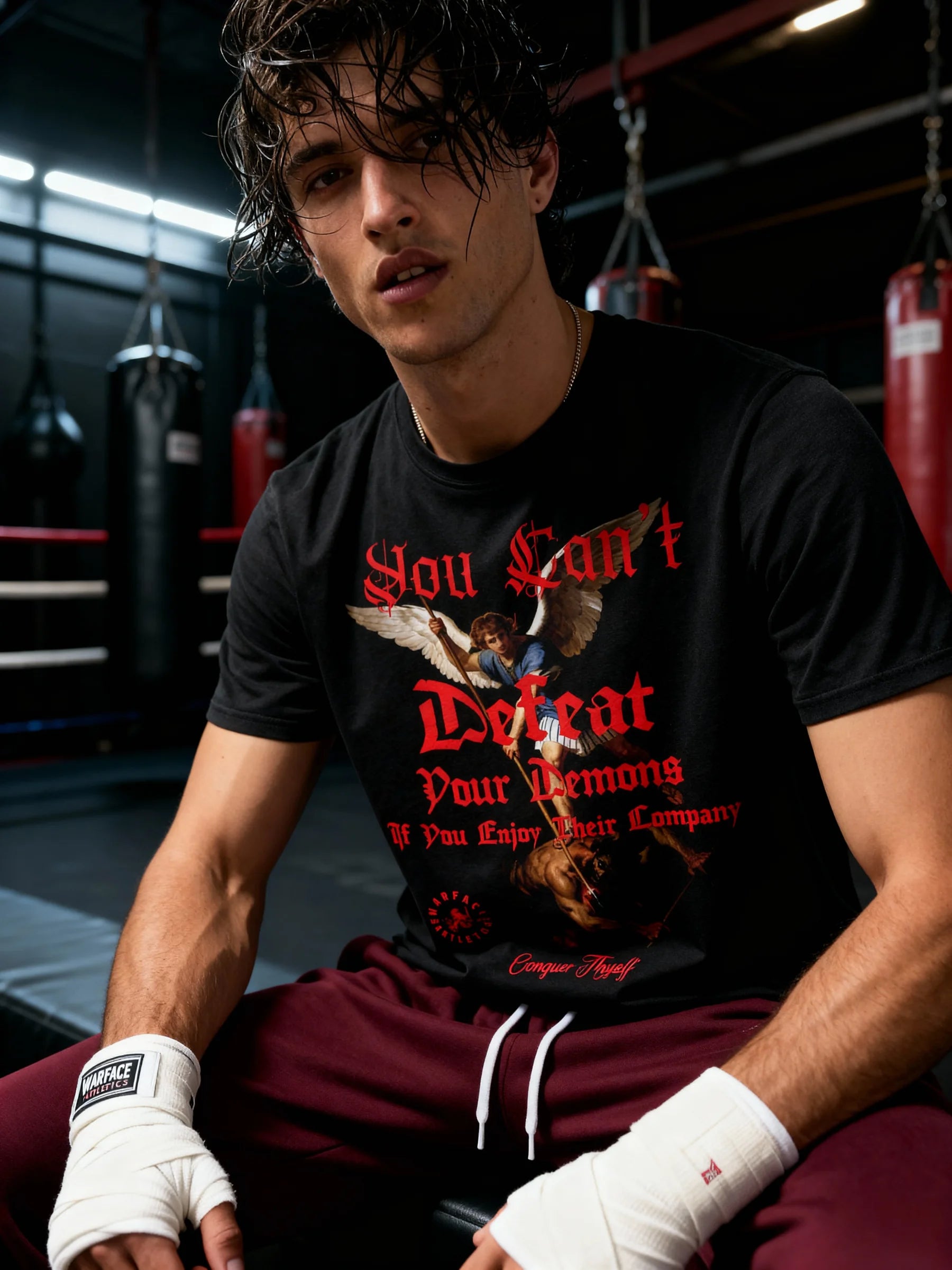 Men's St. Michael graphic gym shirt in boxing ring – christian warrior workout shirt, inspirational quote tee.