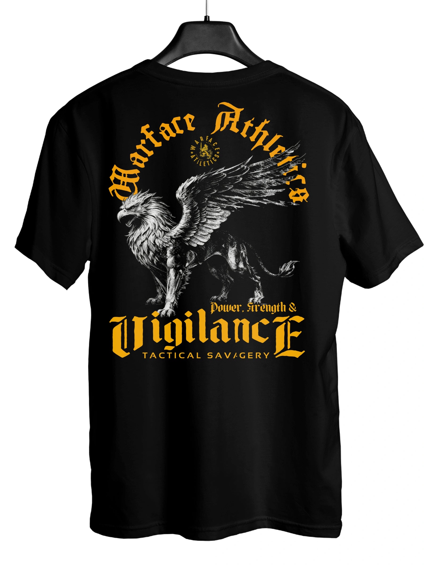 Vigilance Graphic Tee Flat Lay — Men's Black Griffin Warrior Shirt with Stoic Quote by Warface Athletics