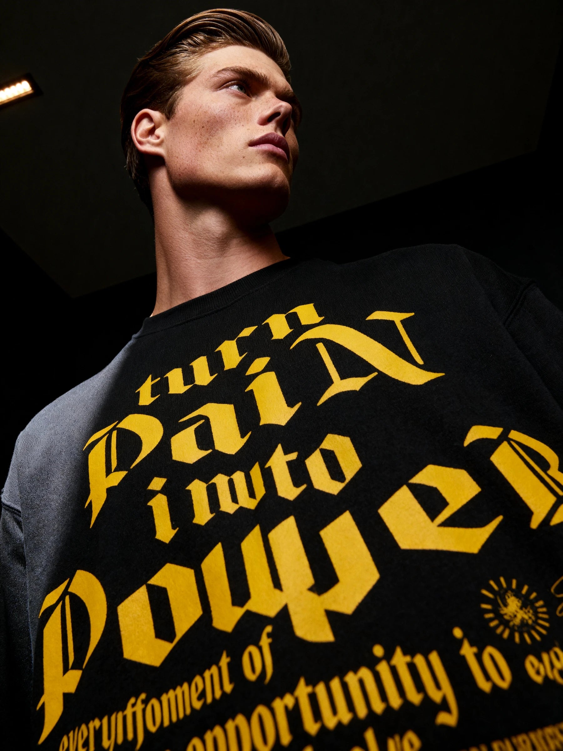 Turn Pain Into Power pump cover sweatshirt – men's stoic typography crewneck, yellow gothic text. Warface Athletics.