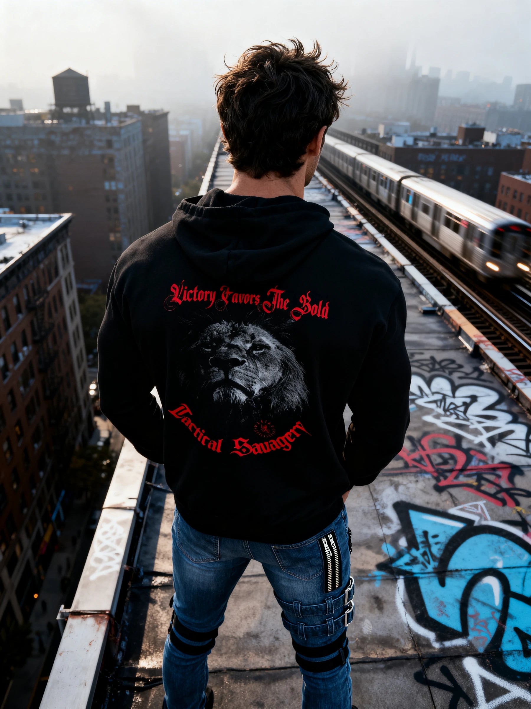 Men's Victory Favors The Bold lion gym hoodie – streetwear model on rooftop with cityscape, athletic apparel for men.