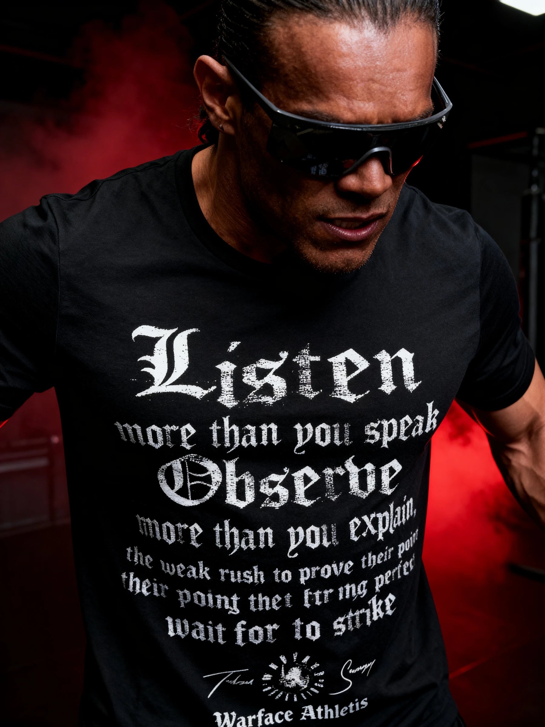Listen Observe Graphic Tee Lifestyle — Men's Black Stoic Quote T-Shirt with Tactical Savagery Print by Warface Athletics