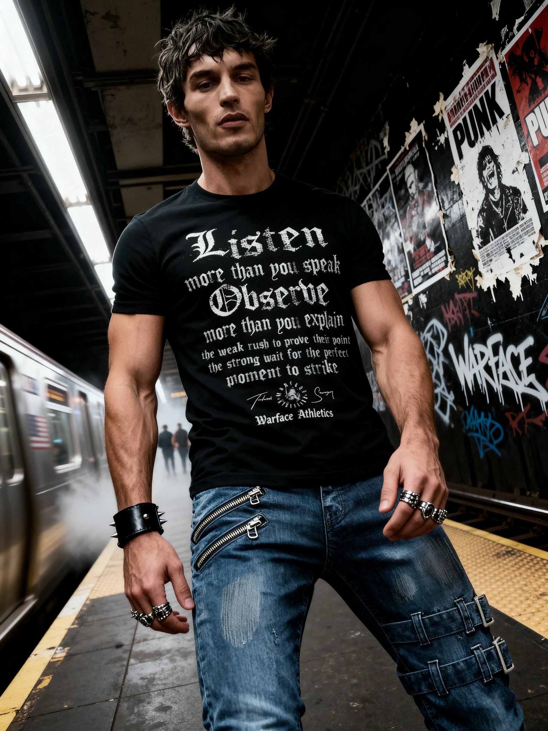 Listen Observe Graphic Tee Lifestyle — Men's Stoic Warrior Shirt with Tactical Quote in Urban Setting by Warface Athletics