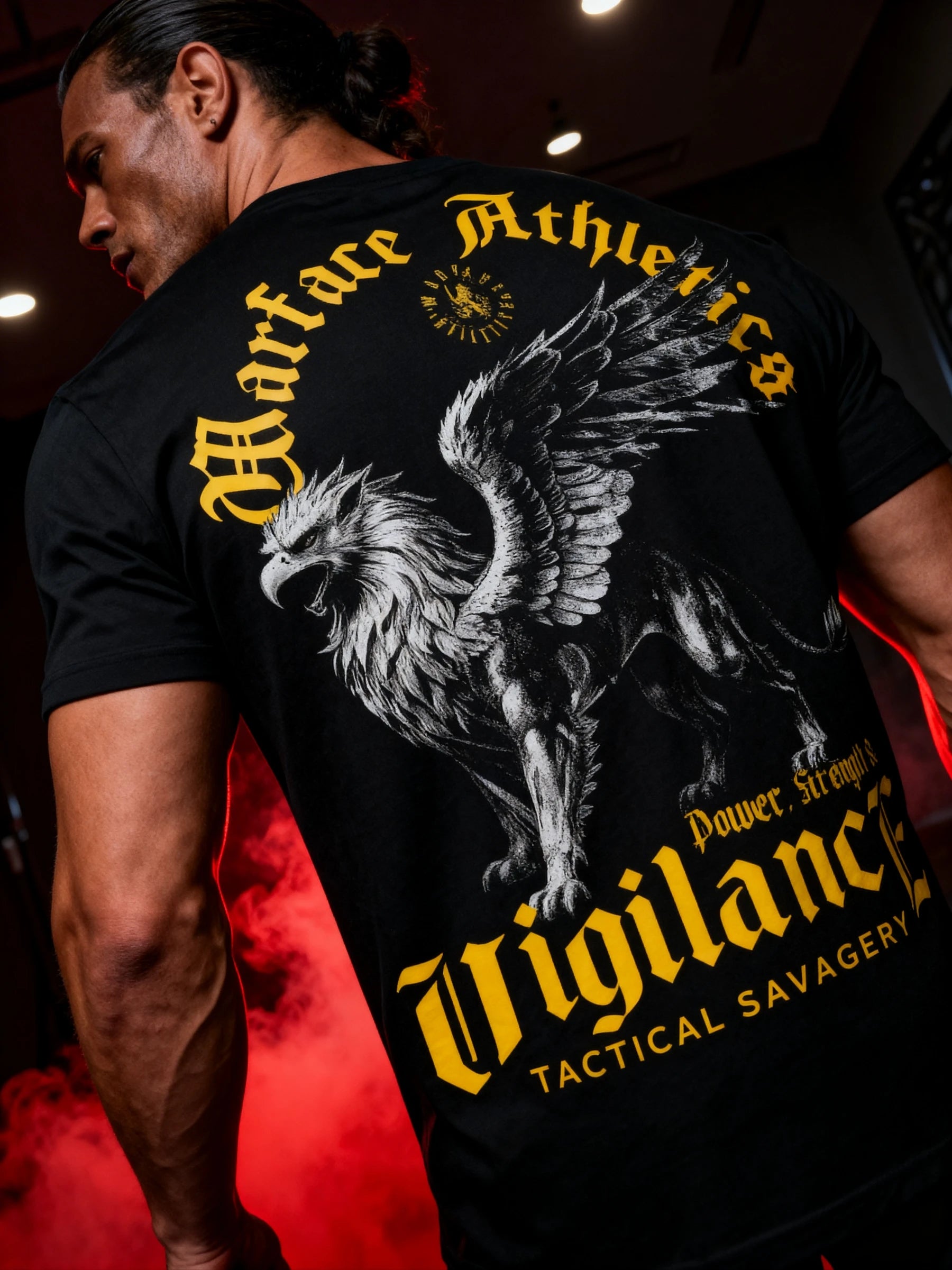 Vigilance Graphic Tee Back View — Men's Griffin Warrior Shirt with yellow Stoic Vigilance Quote by Warface Athletics