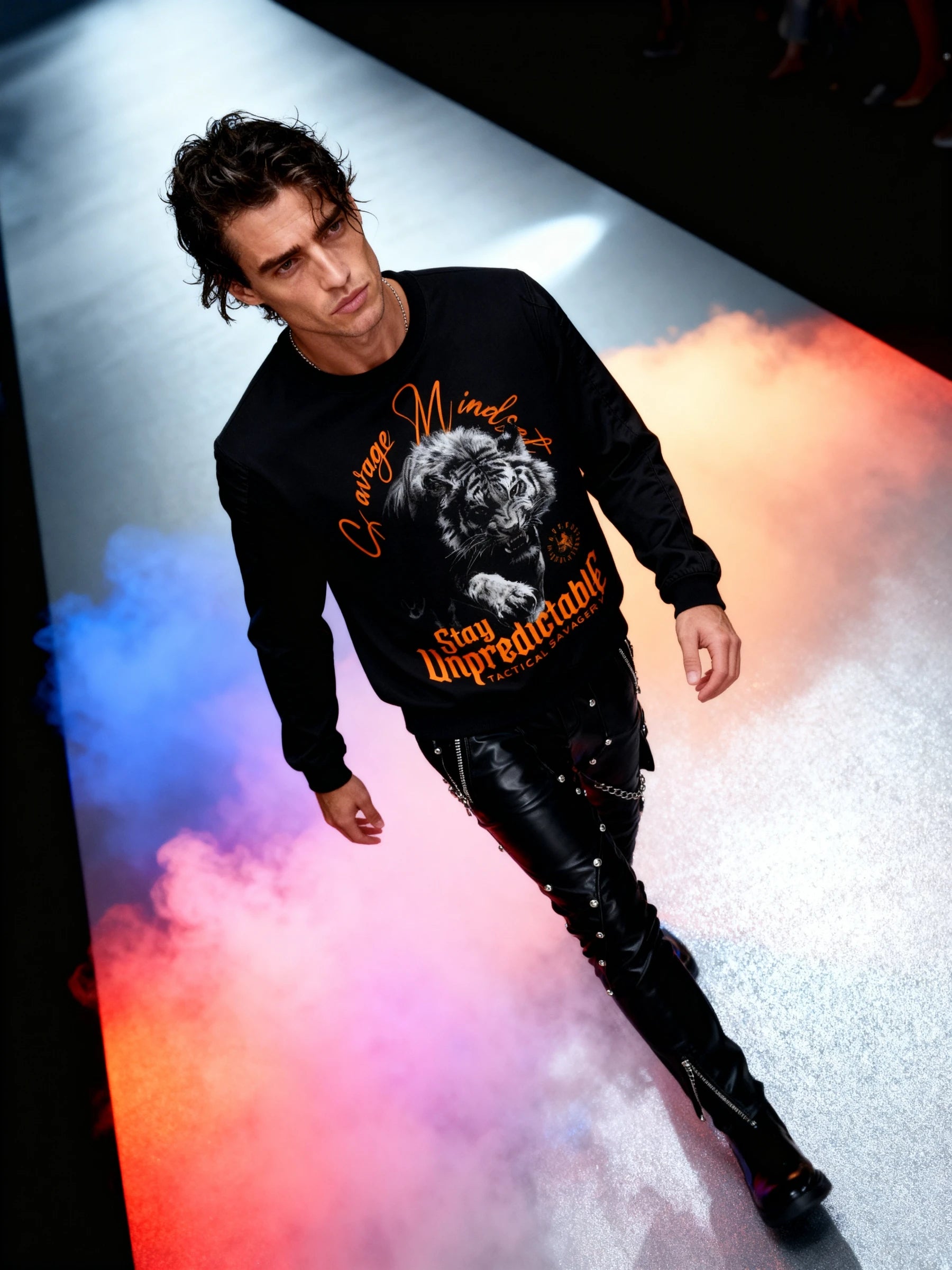 Stay Unpredictable Workout Shirt Lifestyle — Men's Long Sleeve Graphic Tee with Tiger Stoic Quote by Warface Athletics