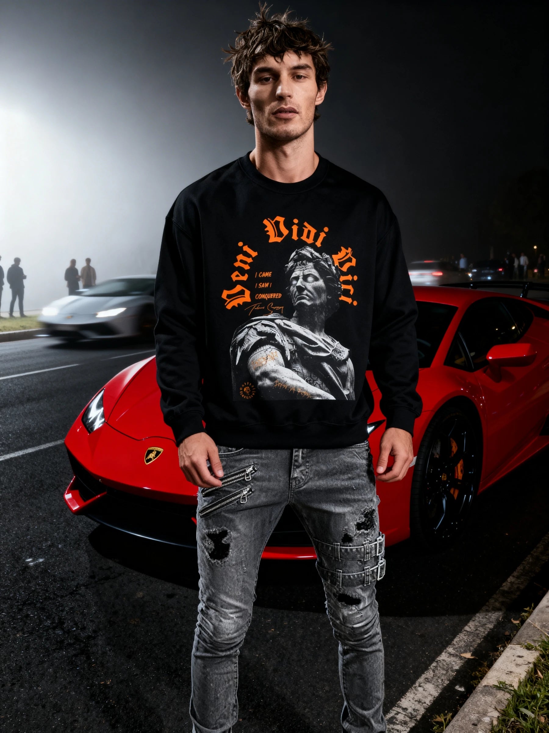 Men's Veni Vidi Vici pump cover sweatshirt – model in Julius Caesar crewneck in front of red luxury sports car. Warface Athletics.
