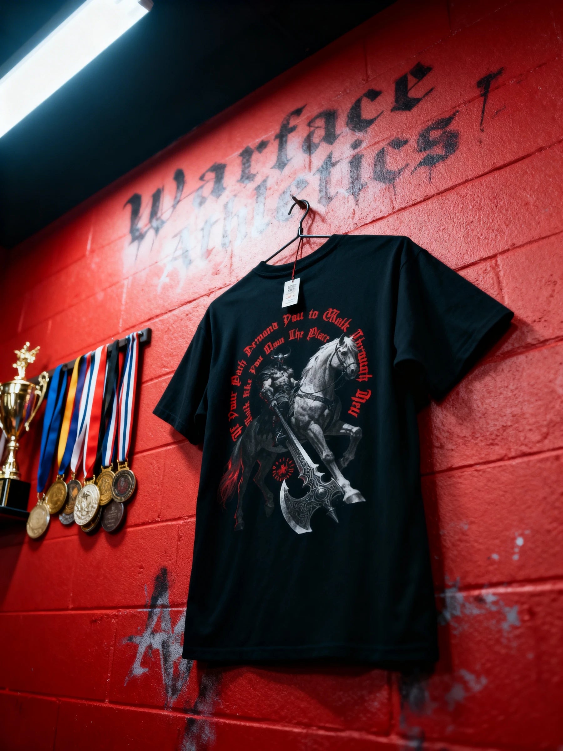 Walk Like You Own The Place viking graphic tee – men's norse warrior heavyweight gym shirt, red wall lifestyle. Warface Athletics.