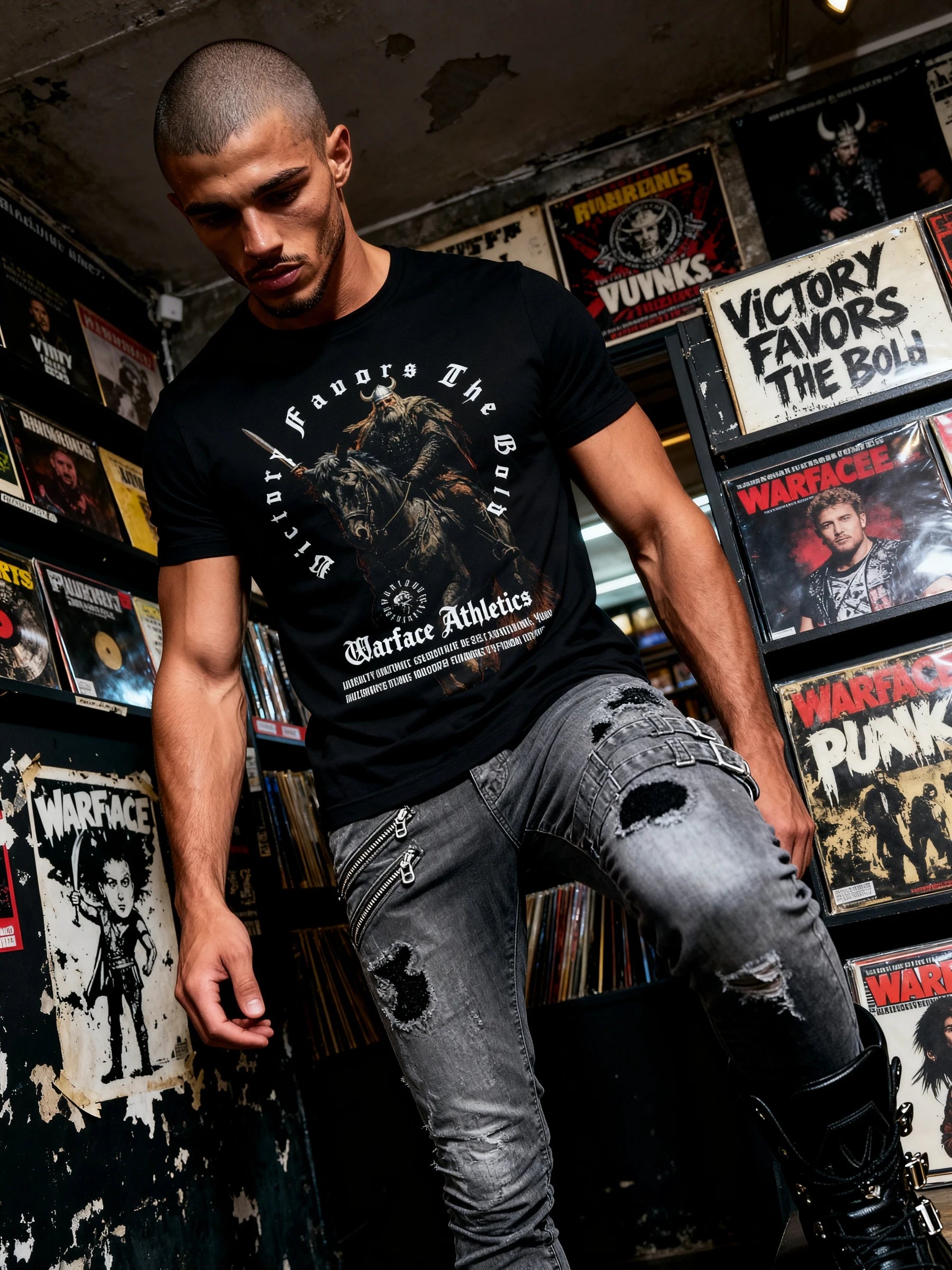Men's viking warlord gym shirt – model in Victory Favors The Bold Norse warrior graphic tee, dark urban lifestyle. Warface Athletics.